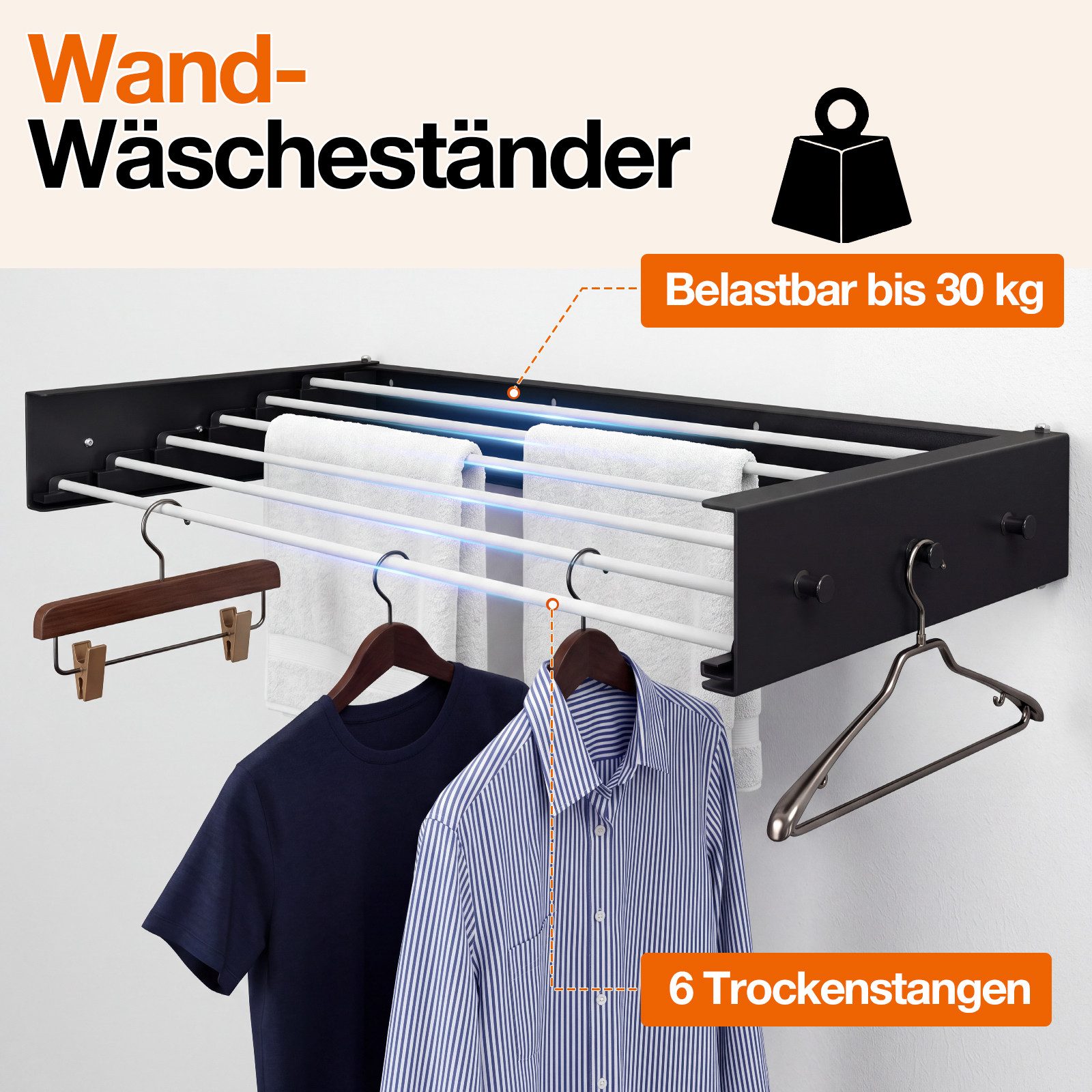 Clanmacy Wandwäschetrockner 100 cm Klappbarer Wäscheständer, Wandtrockner Schwarz mit 6 Stangen – Bild 5 von 5