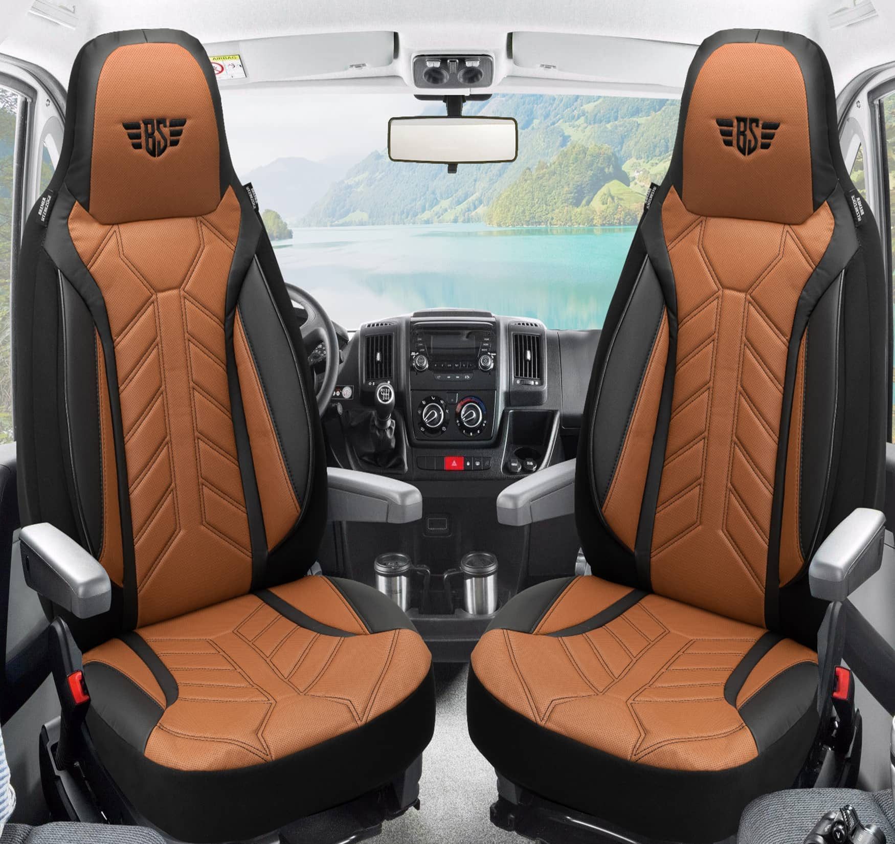 BREMER SITZBEZÜGE Autositzbezug für Bürstner Lyseo TD (DPL511), Set, 2-tlg., Schonbezüge Sitzbezüge Fahrer und Beifahrer, in Schwarz/Schokobraun