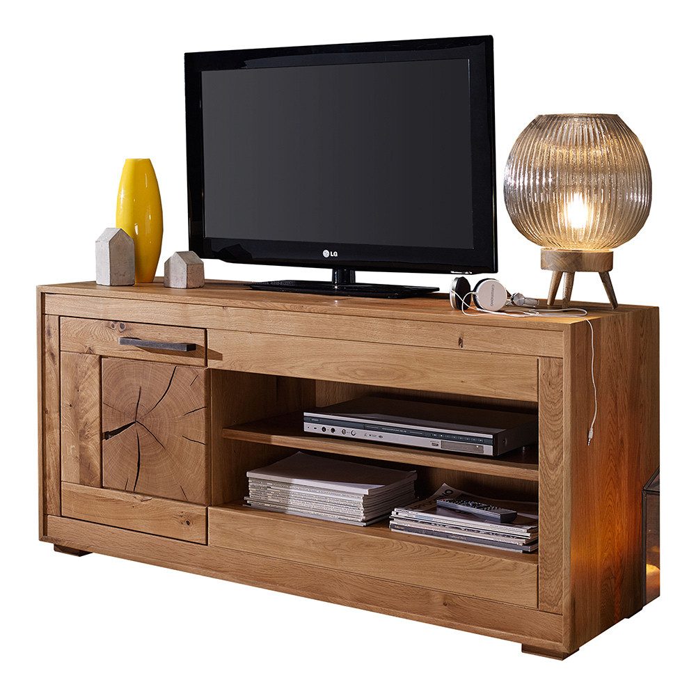Lomadox Lowboard WINNIPEG-69, Fernsehschrank 130cm, Eiche massiv geölt, Hirnholz-Details, montiert