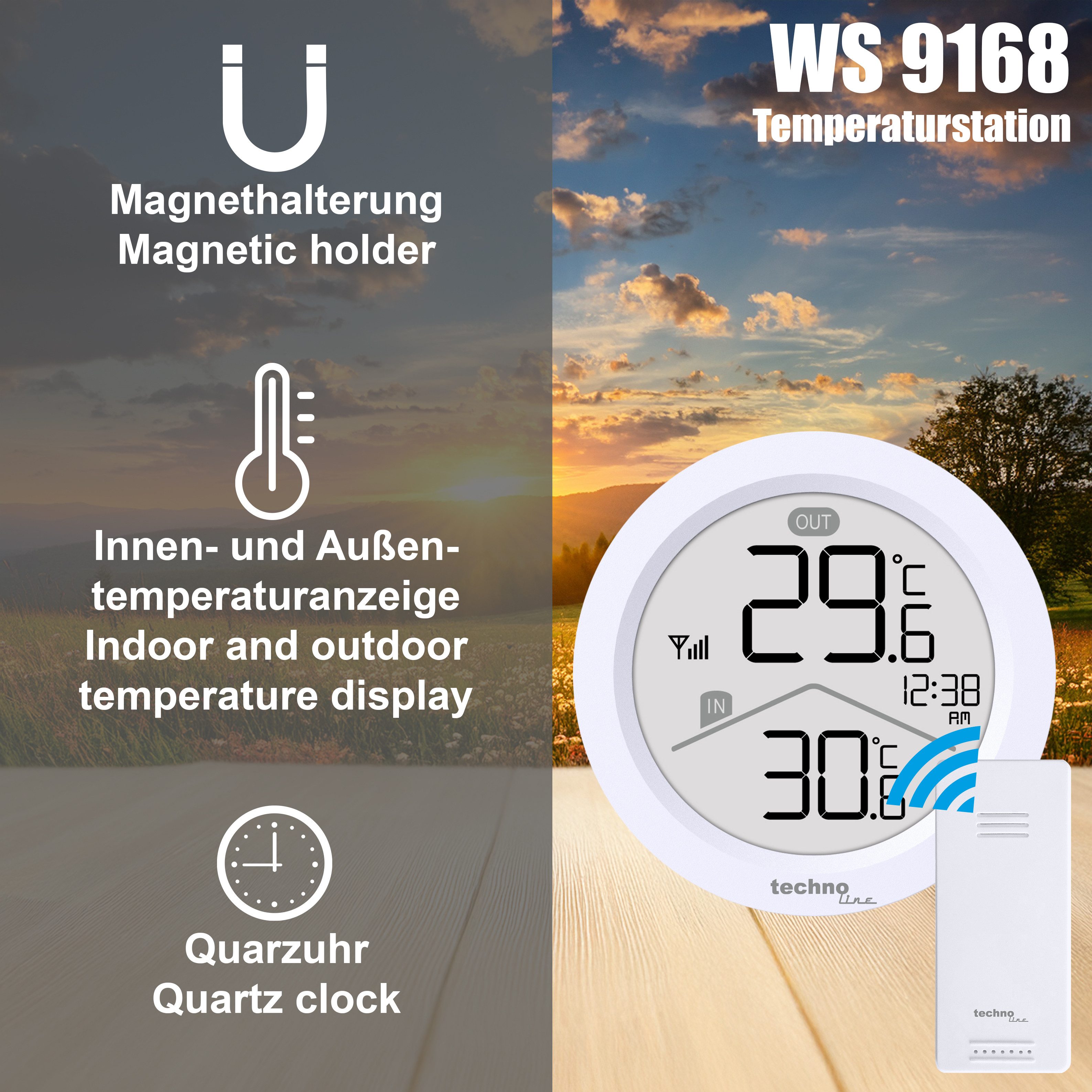 technoline Raumthermometer WS 9168, mit Magnethalterung und Außensender