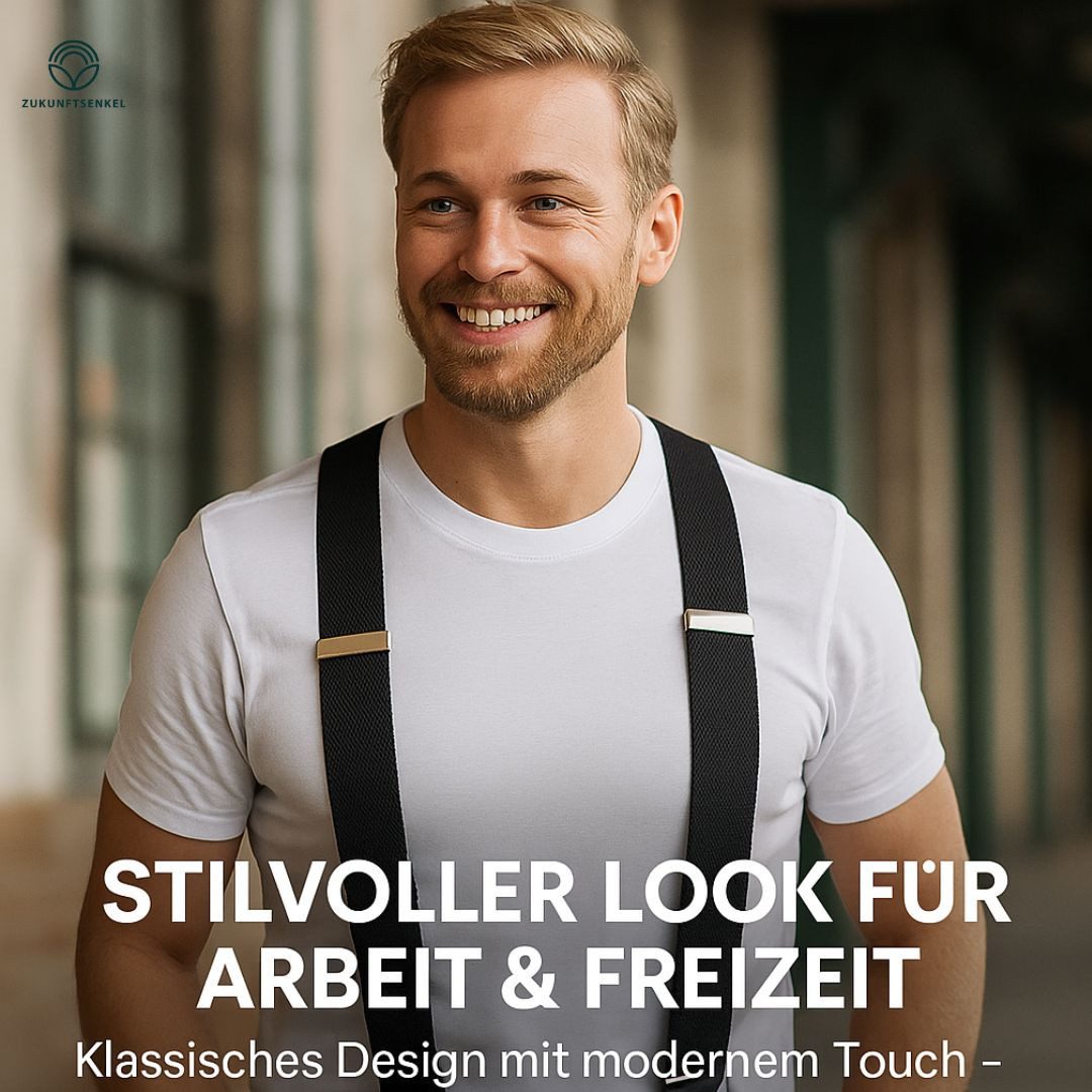 ZUKUNFTSENKEL Hosenträger Hosenträger mit Echtleder - Elastisch, Rutschfest Herren & Damen (4 Robuste Clips, X-Form) 3,5cm Breite - Deutsche Produktion