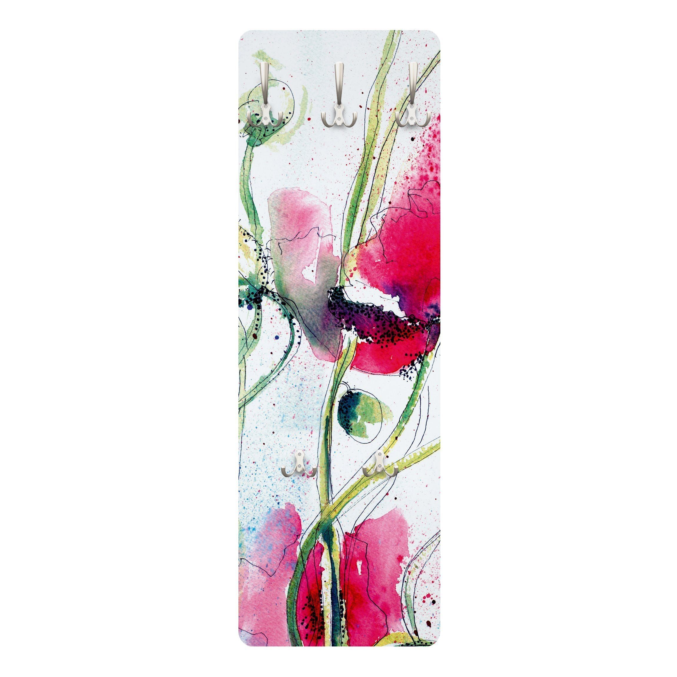 Bilderdepot24 Garderobenpaneel violett Blumen Floral Kunst Aquarell Painted Poppies Design (ausgefallenes Flur Wandpaneel mit Garderobenhaken Kleiderhaken hängend), moderne Wandgarderobe - Flurgarderobe im schmalen Hakenpaneel Design