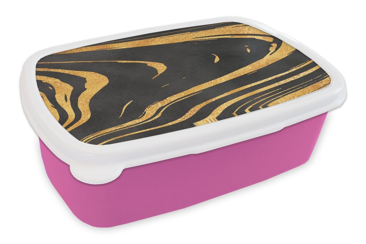 MuchoWow Lunchbox Gold - Schwarz - Abstrakt, Kunststoff, (2-tlg), Brotbox für Erwachsene, Brotdose Kinder, Snackbox, Mädchen, Kunststoff rosa