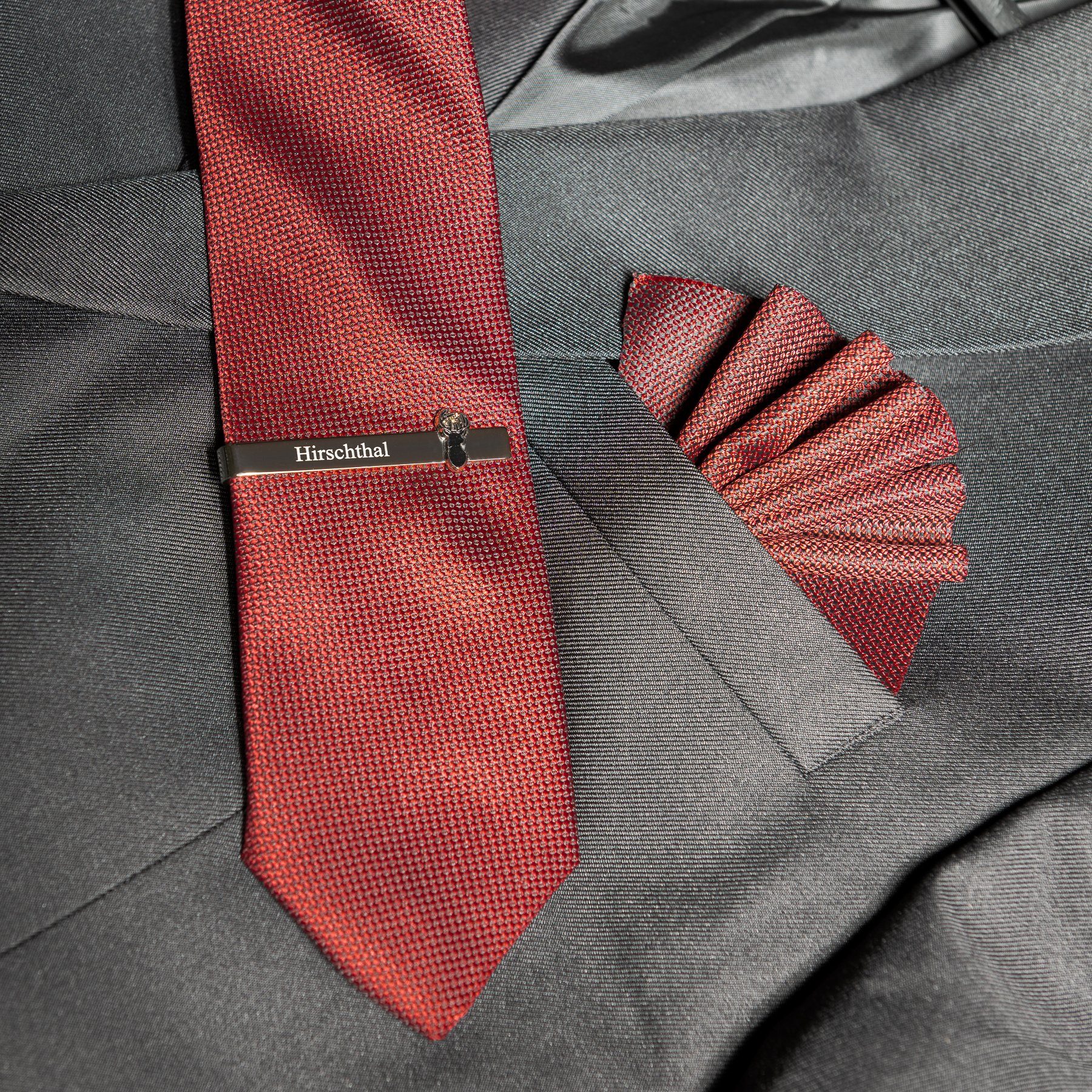 Hirschthal Krawatte Herren Einstecktuch) Einstecktuch Strukturierte mit Set Rot Krawatte Business mit Klassische (Set