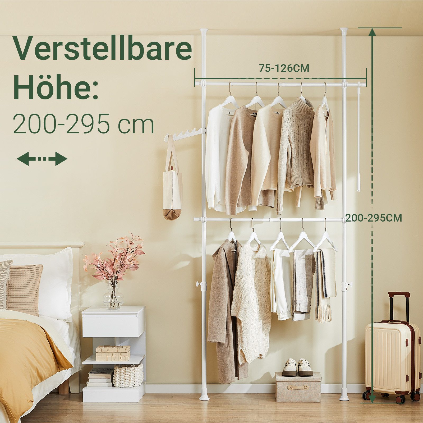 SoBuy Kleiderständer FRG109, deckenhoch, 3-stufige, höhen- und breitenverstellbar, Garderoben System mit 2 Kleiderstangen Regalsystem, Schlafzimmer