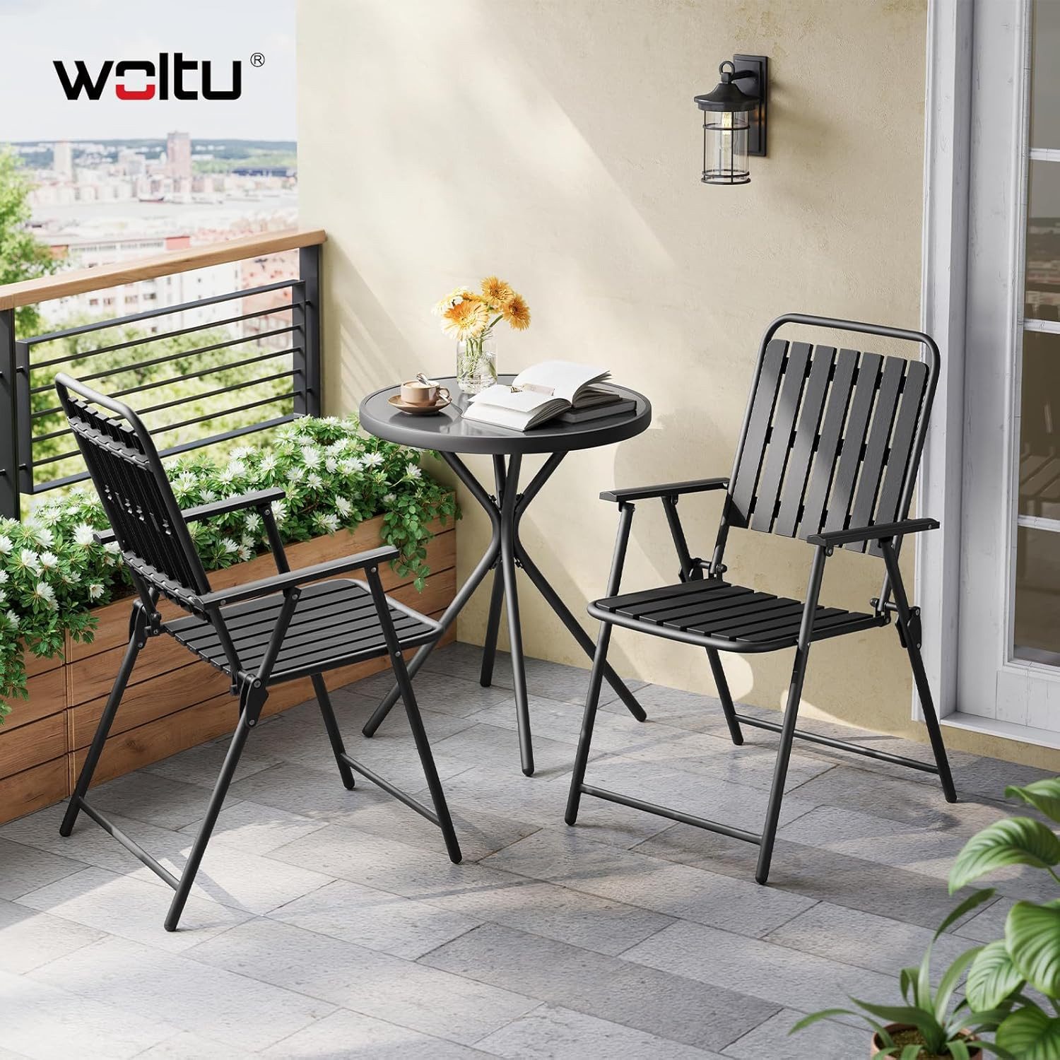 Woltu Balkonset, (3-tlg), Bistrotisch & 2 Klappbare Stühle, Wetterfest und Stabil, Schwarz