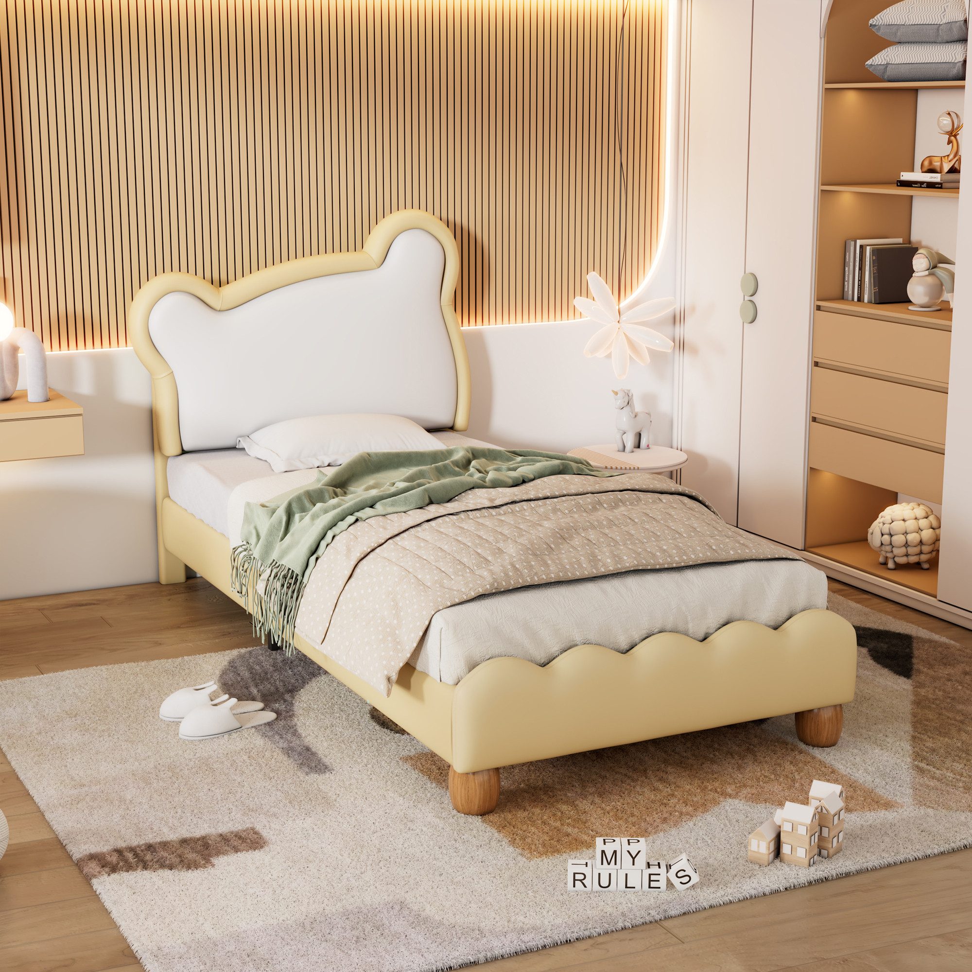 MODFU Polsterbett Kinderbett mit Holzlattenrost, Kunstleder (mit kuscheligem Bärenkopfteil 90x200cm), ohne Matratze