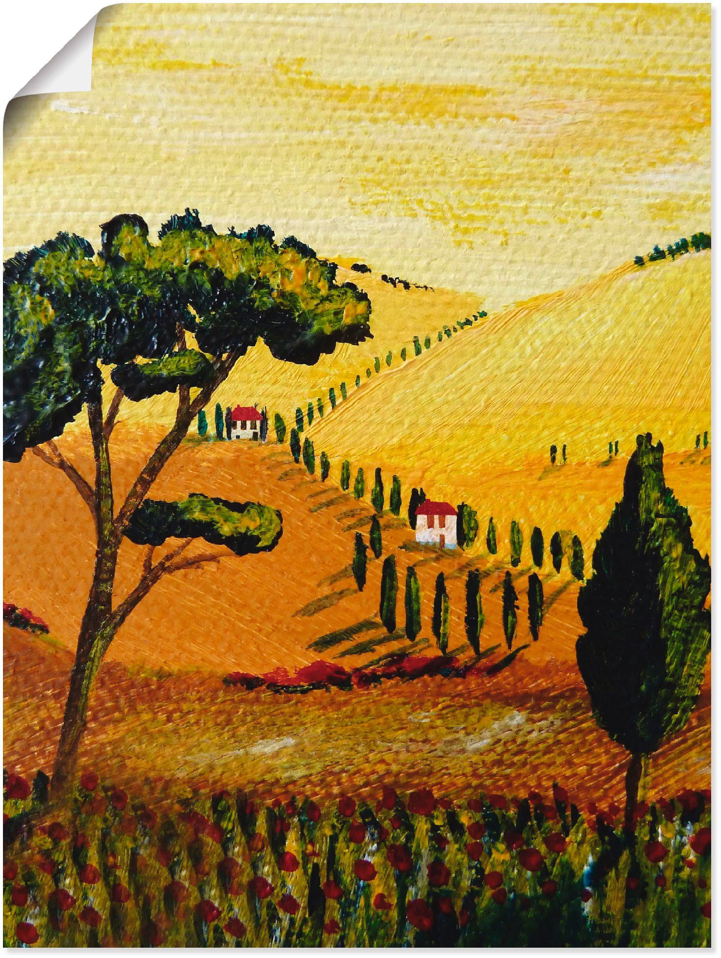 gelb-orange, Artland Poster (1 Wiesen Wandbild & Bäume Leinwandbild, oder als Alubild, in versch. Größen Toskana St), Wandaufkleber