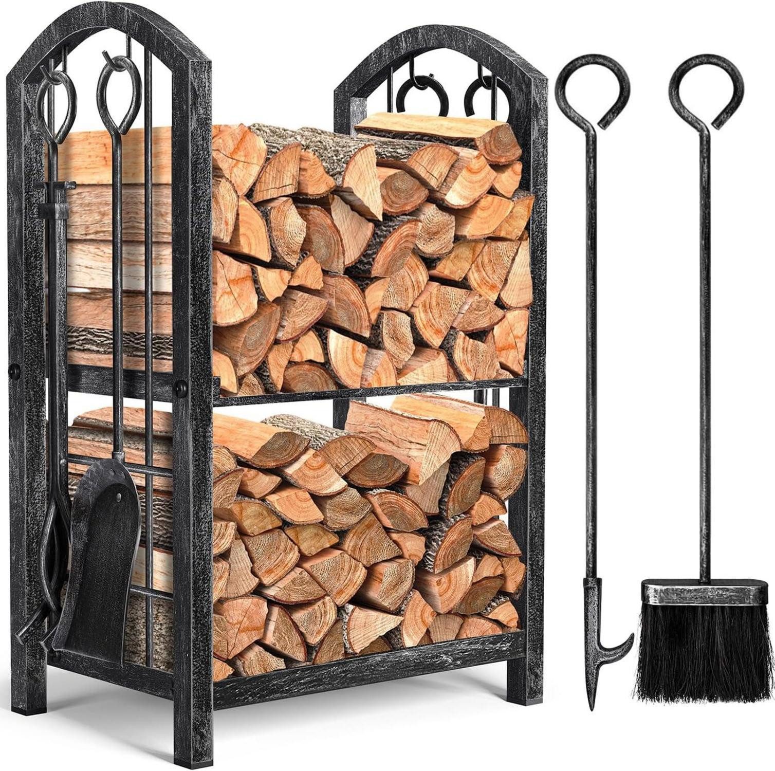 LuxusKollektion Kaminofen-Erweiterungssegmet Kaminholzregal Innen mit 4 Kaminwerkzeugen 74x40x30cm Stahl Schwarz