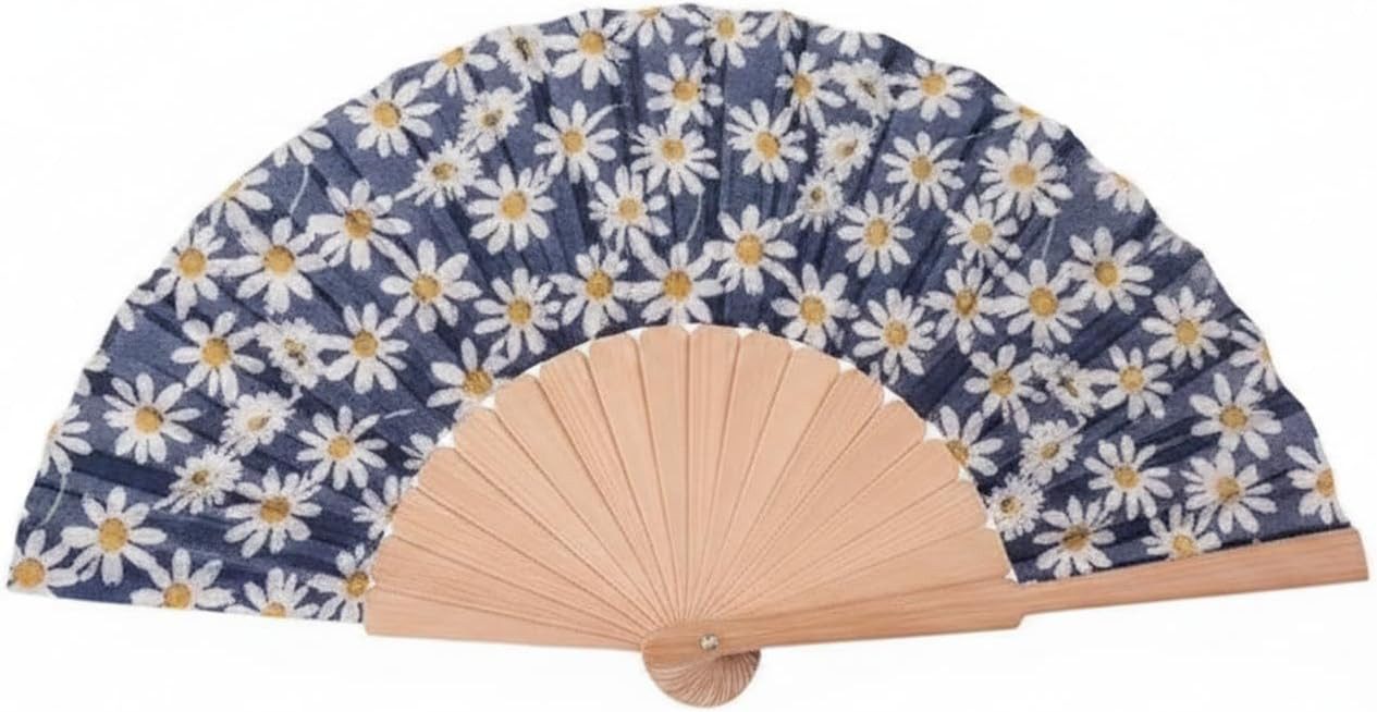LK Trend & Style Handfächer Margeriten Blumenmuster Holzstäbe, (Für Festival & Hochzeit, Sommerliches Accessoire, Für Büro & Unterwegs, 1-tlg., ca. 21 x 40 cm, Faltbar, Farbenfroh), Ventilator aus der Handtasche