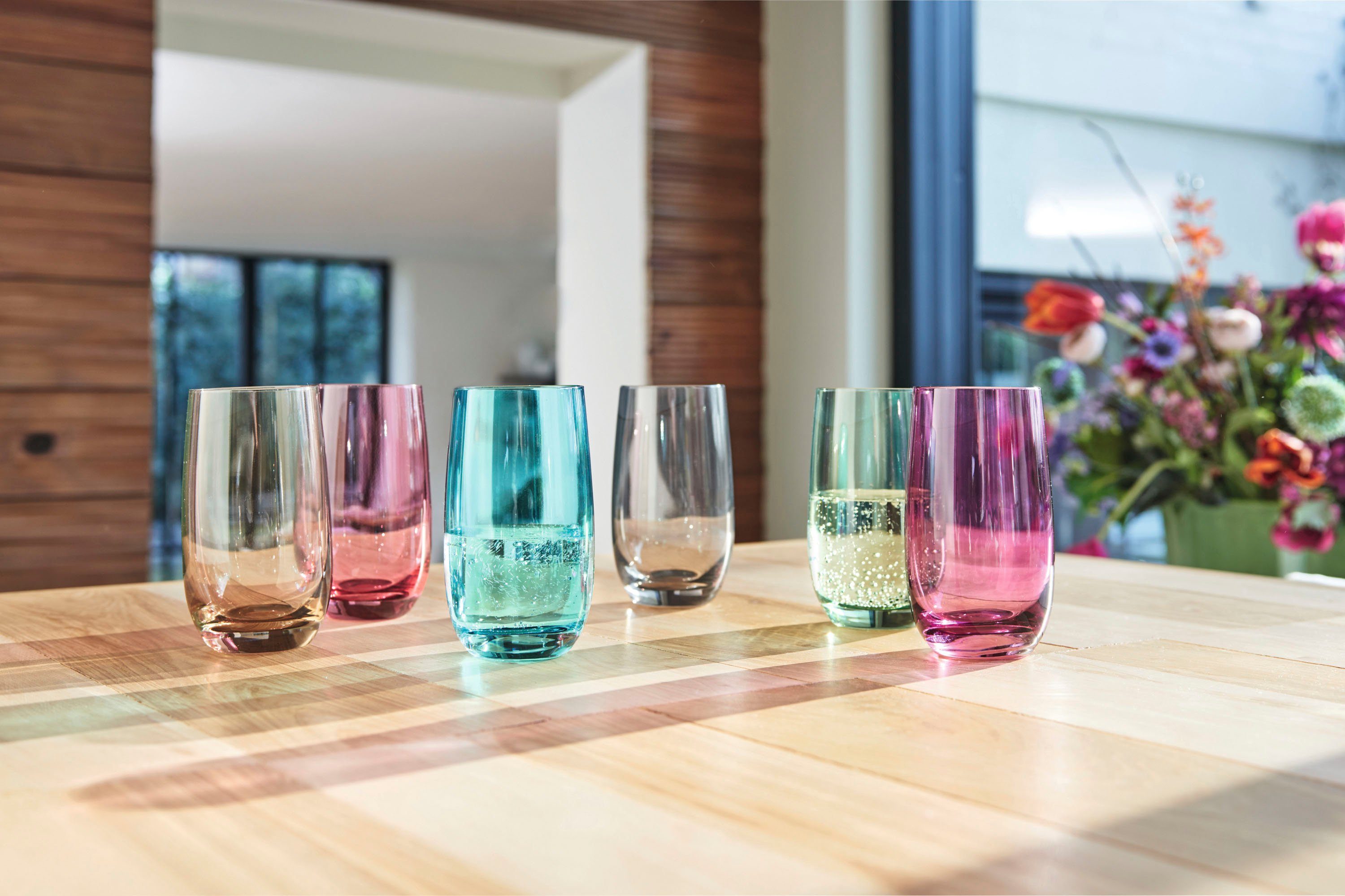 LEONARDO Longdrinkglas SORA, 6-tlg., Glas, 390 ml, farbig sortiert, 6-teilig