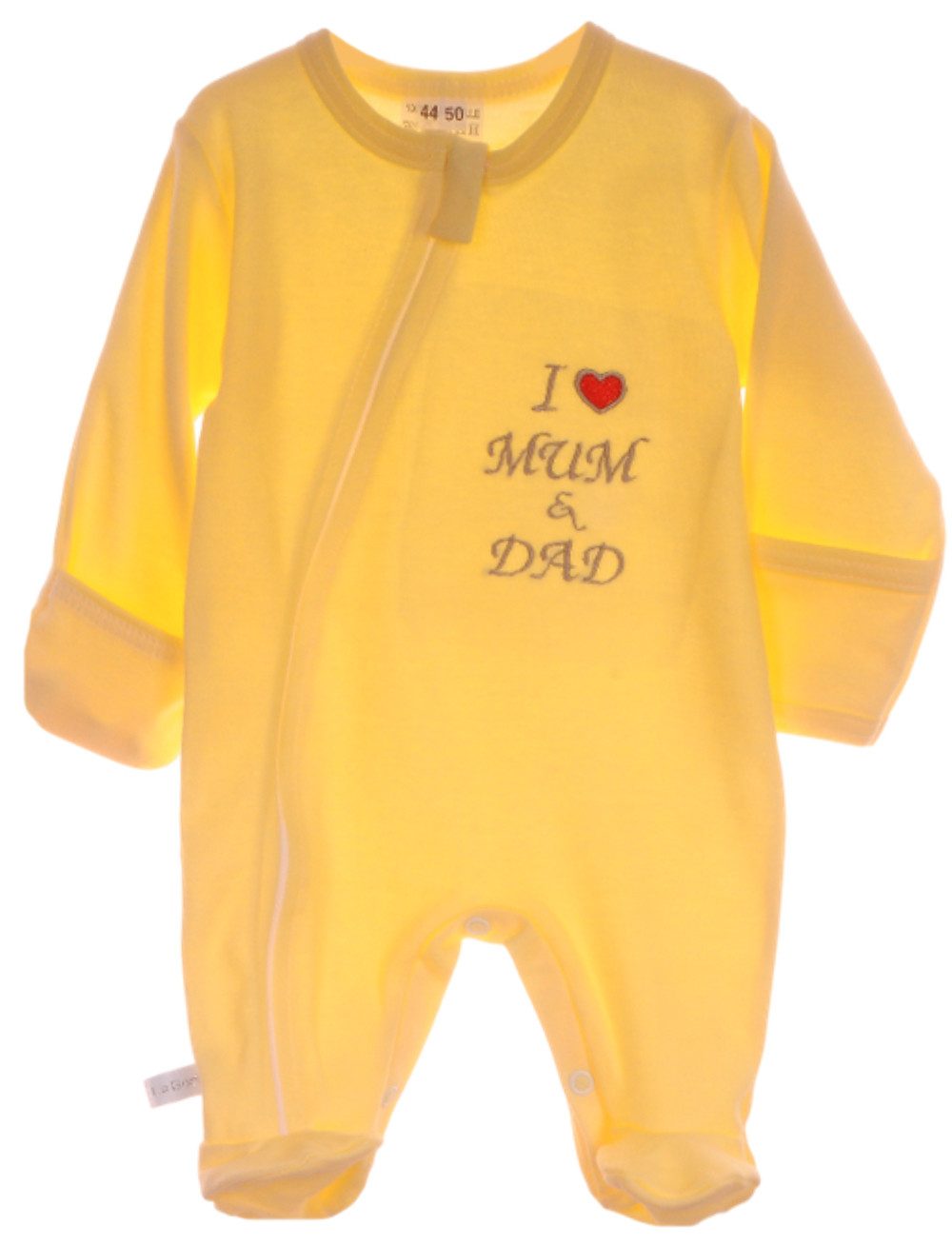 La Bortini Strampler Schlafoverall mit Mama Papa Overall Baby Schlafanzug in Gelb aus reiner Baumwolle, mit Reißverschluss, 44 50 56 62 68 74 80