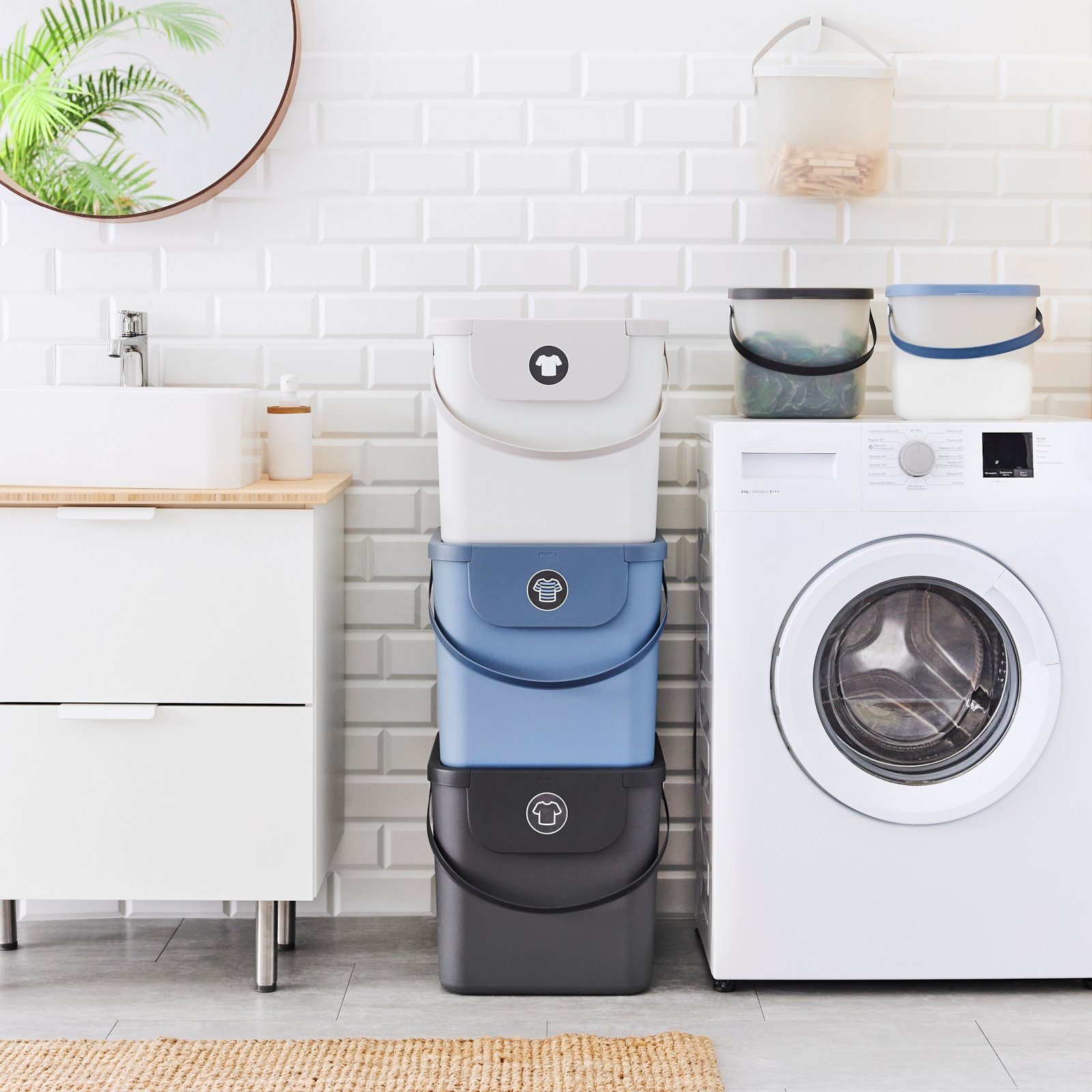 ROTHO Wäschekorb Albula 3er-Set Wäschesammler 40l mit Deckel, Kunststoff (PP recycelt) (Wäschesortiersystem, 3er-Set), Aus rezykliertem Kunststoff – Bild 4 von 4