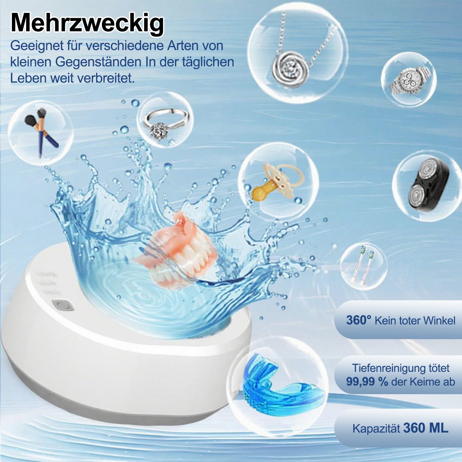 MOPUEA Ultraschallreiniger Ultraschallreiniger 49kHz 340ml Edelstahl 3 Modi Schmuckreiniger, 49kHz Ultraschall 340ml Tank LED Timer Edelstahl Reinigung