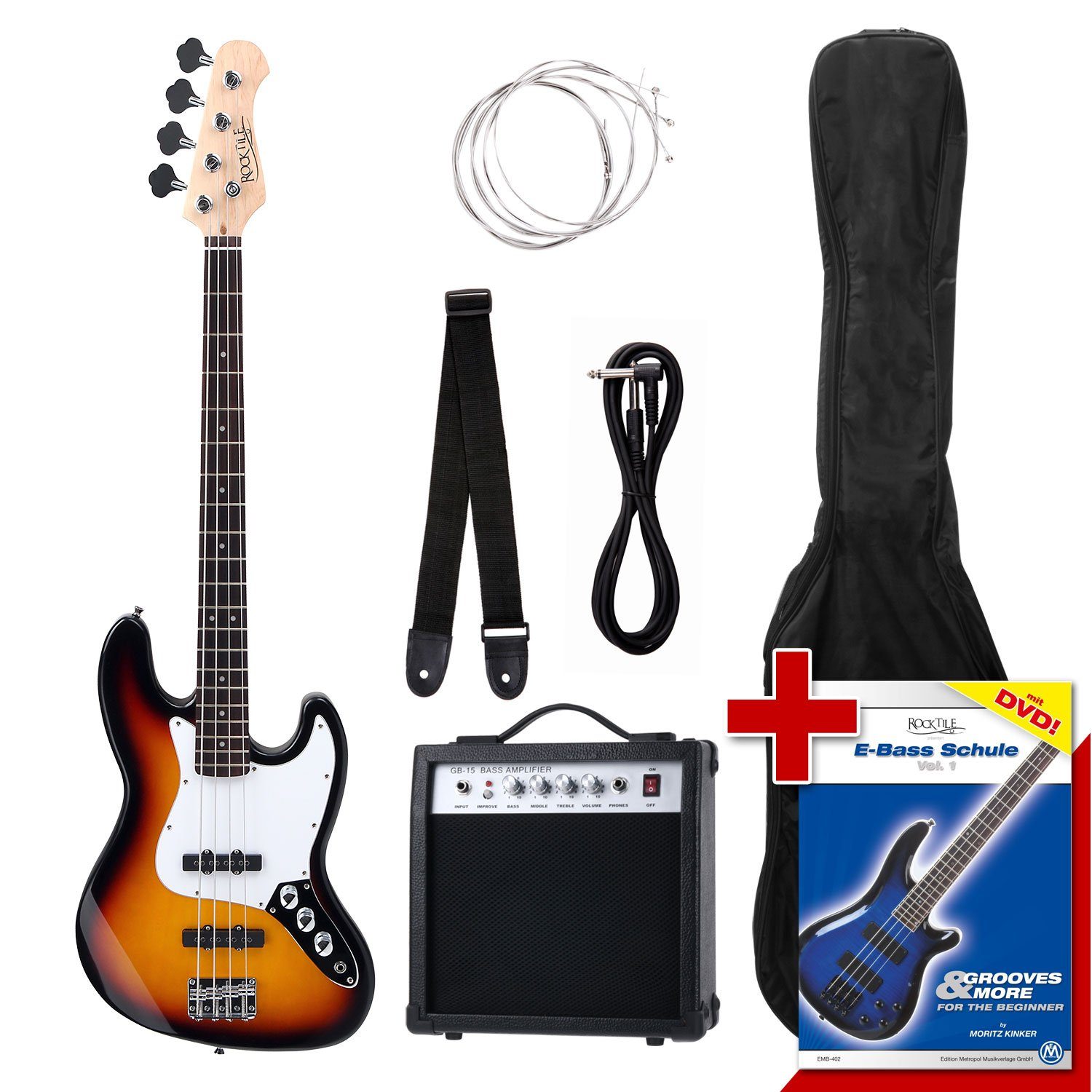 Rocktile E-Bass Groover's Pack Elektrobass, JB-Style, Komplettset, inkl. Verstärker, Tasche, Kabel, Gurt, Ersatzsaiten und Schule, Jazzbass - 2 Single-Coil Tonabnehmer