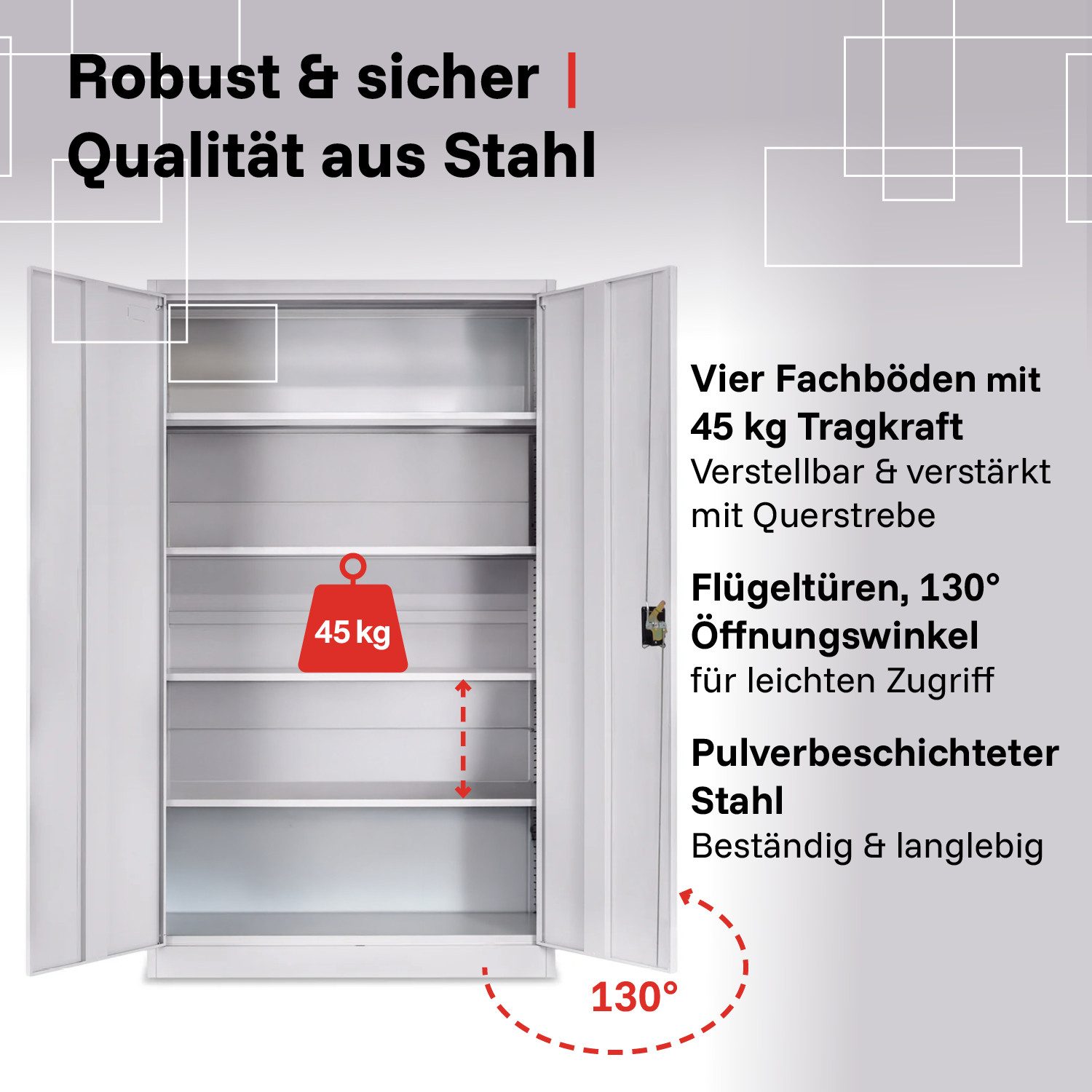LagerZwei Aktenschrank Stahlschrank 195x100x50 cm (1-St) 3-fach verriegelt, 4 Böden, bis 60 Ordner, Flügeltüren 130°
