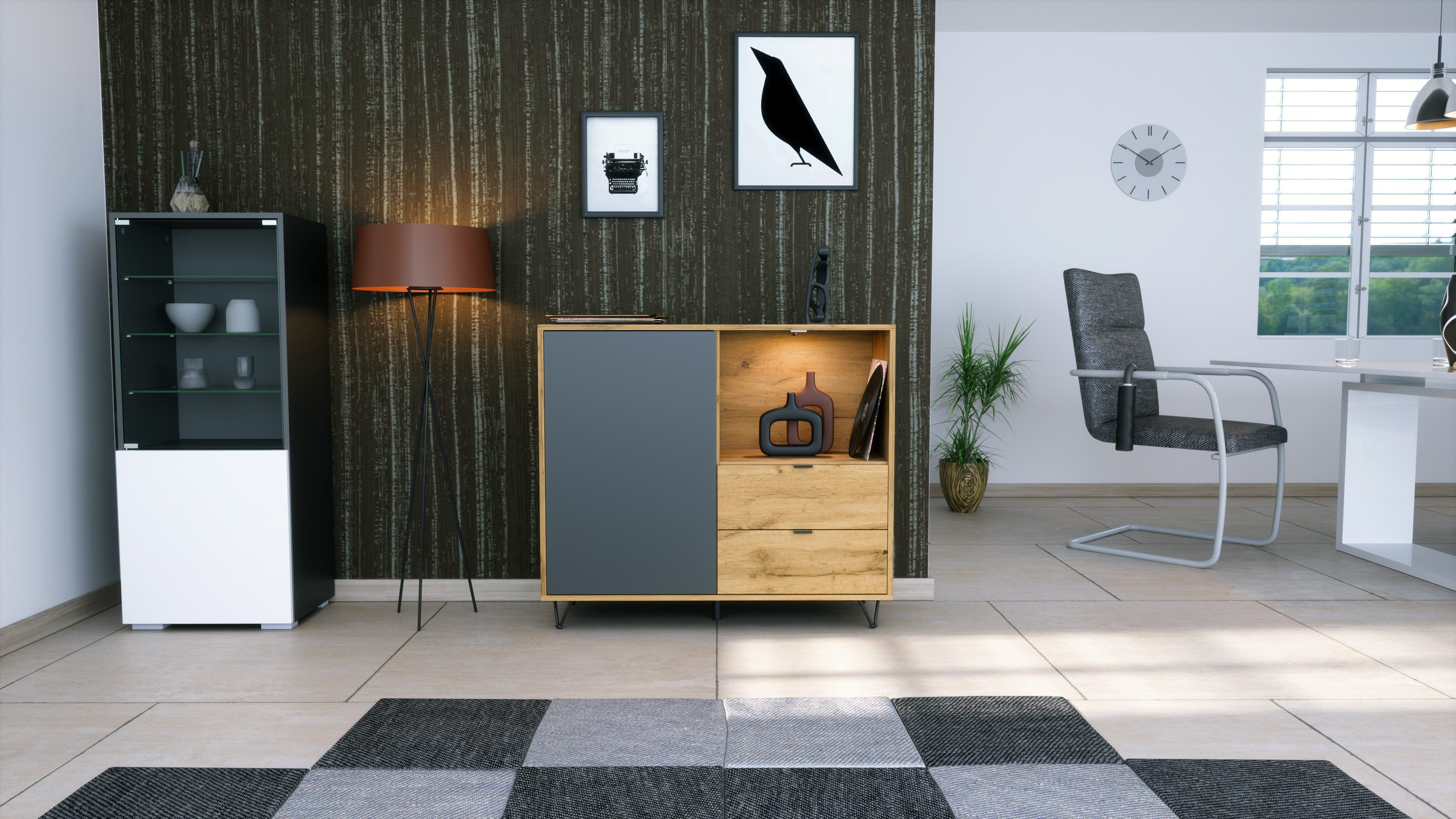 Vladon Kommode Marino (Kommode mit 1 Tür Anthrazit matt, 2 Schubladen Eiche Evoke, inkl. LED, Made in Germany), Korpus Eiche Evoke (103 x 90,5 x 37 cm)