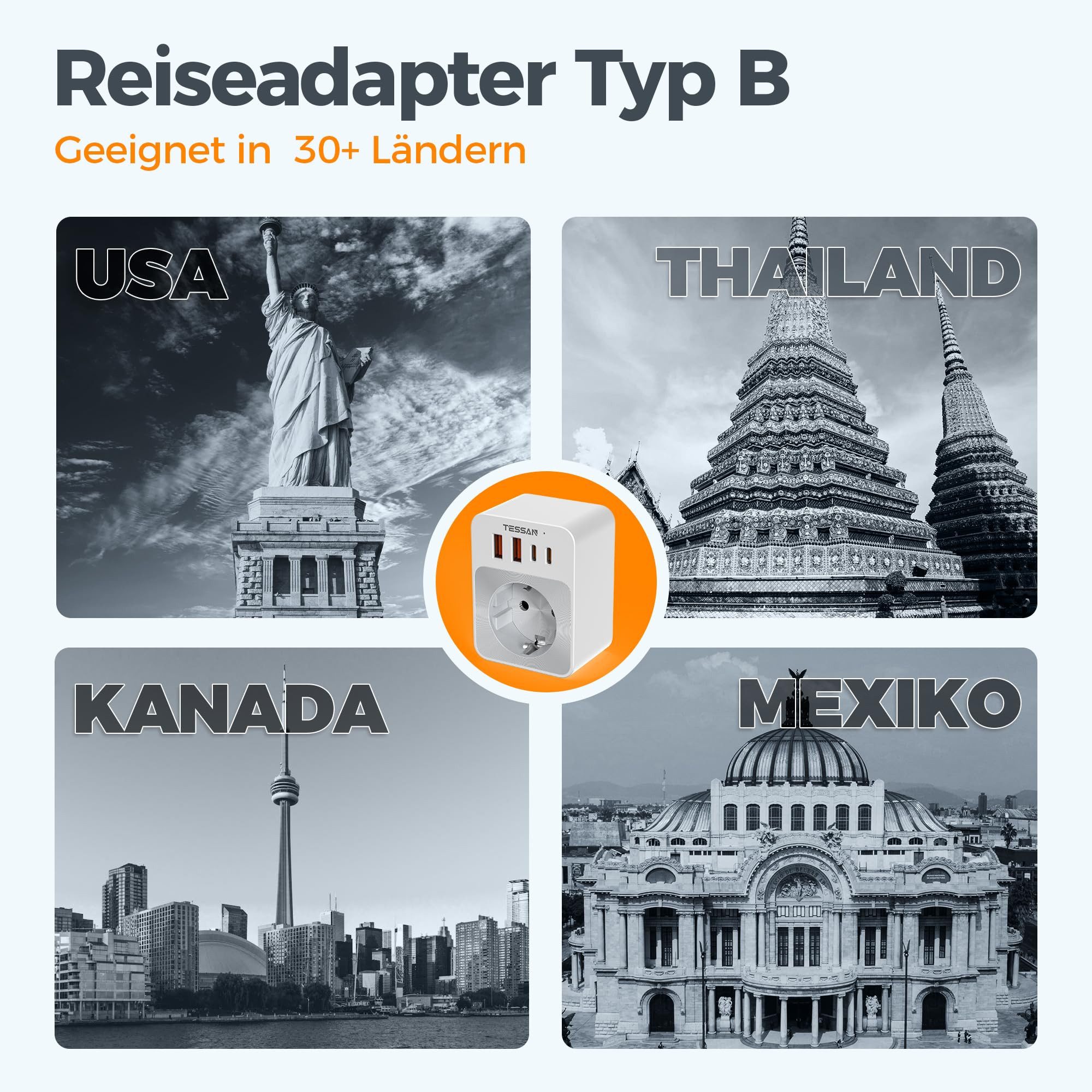 TESSAN 2 Stück klappbarer 5-in-1 Reiseadapter für US-Stecker in EU-Steckdosen Reiseadapter, Steckdosenadapter US für American Thailand Mexiko, Reisestecker Typ B