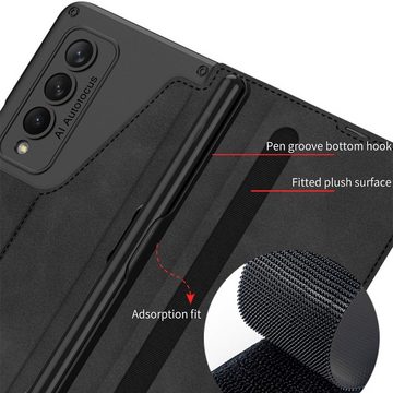 Wigento Handyhülle Für Samsung Galaxy Z Fold4 5G Armor Flip Kunstleder Handy Tasche Hülle Etuis Grau