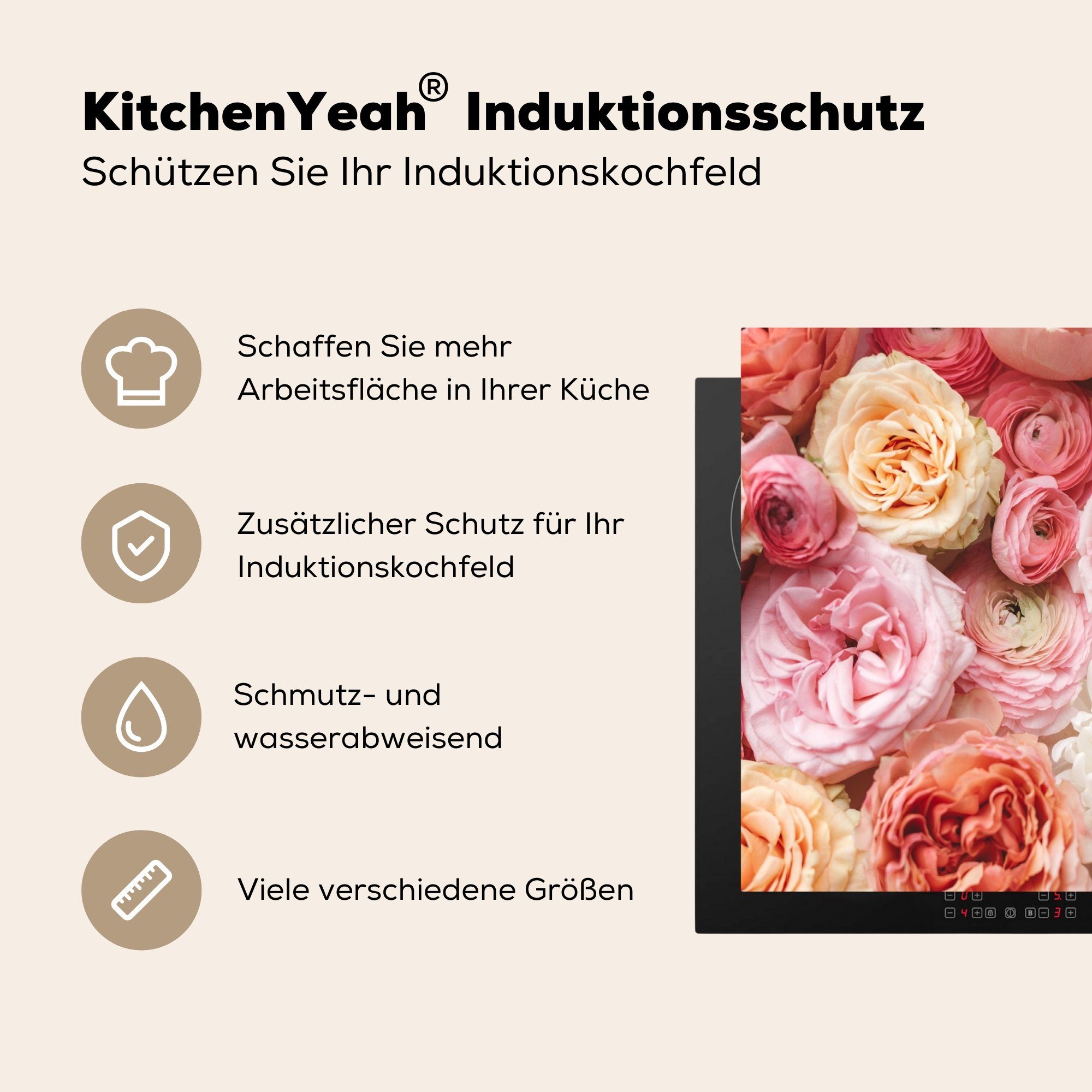 Induktionskochfeld, (1 - cm, Rosen MuchoWow Blumen - Rosa, Ceranfeldabdeckung Vinyl, Herdblende-/Abdeckplatte 57x51 tlg), Induktionsschutz,