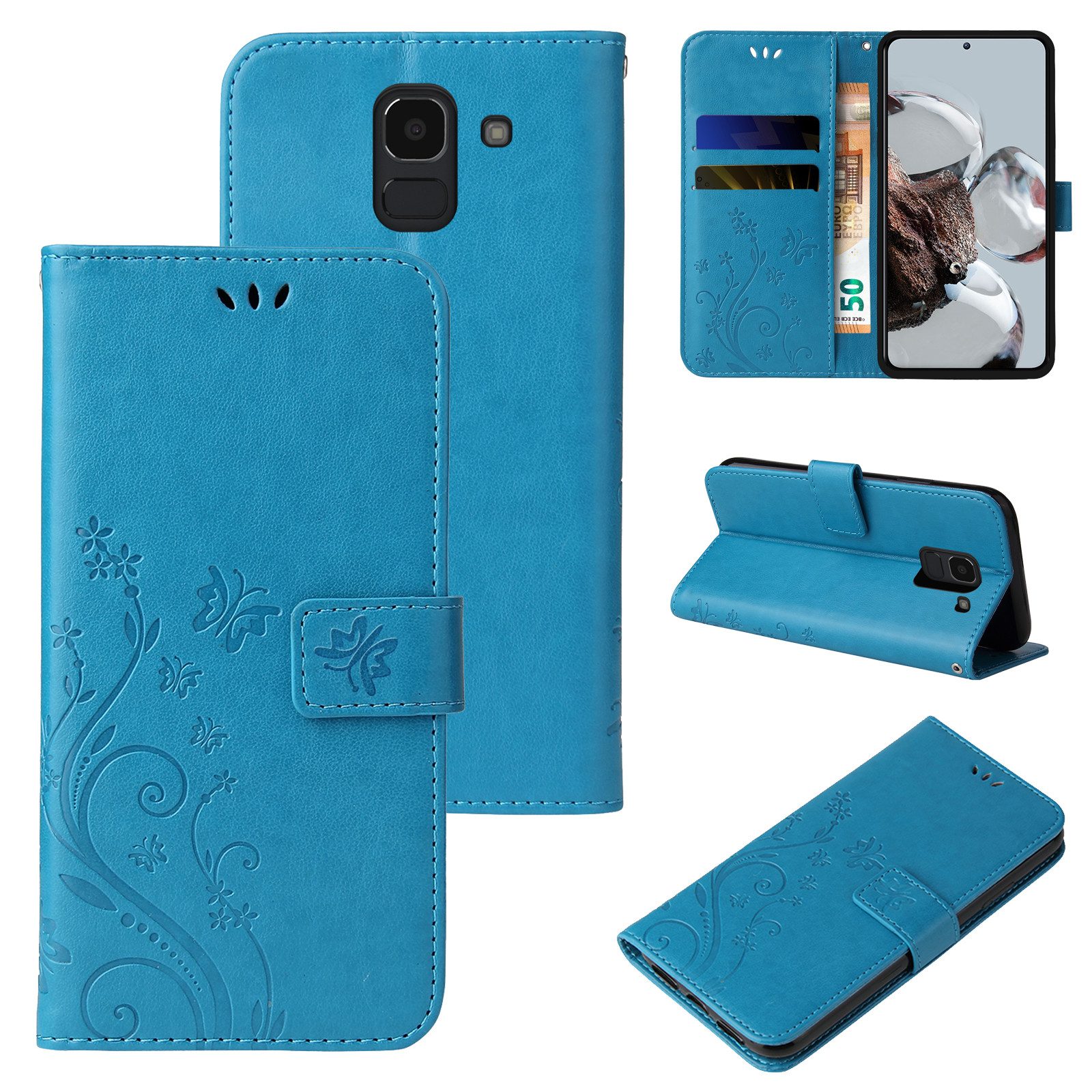 Tec-Expert Handyhülle Cover Tasche Hülle für Samsung Galaxy J6 5,6 Zoll, Klapphülle Case mit Kartenfach Fliphülle aufstellbar, Motiv Blumen