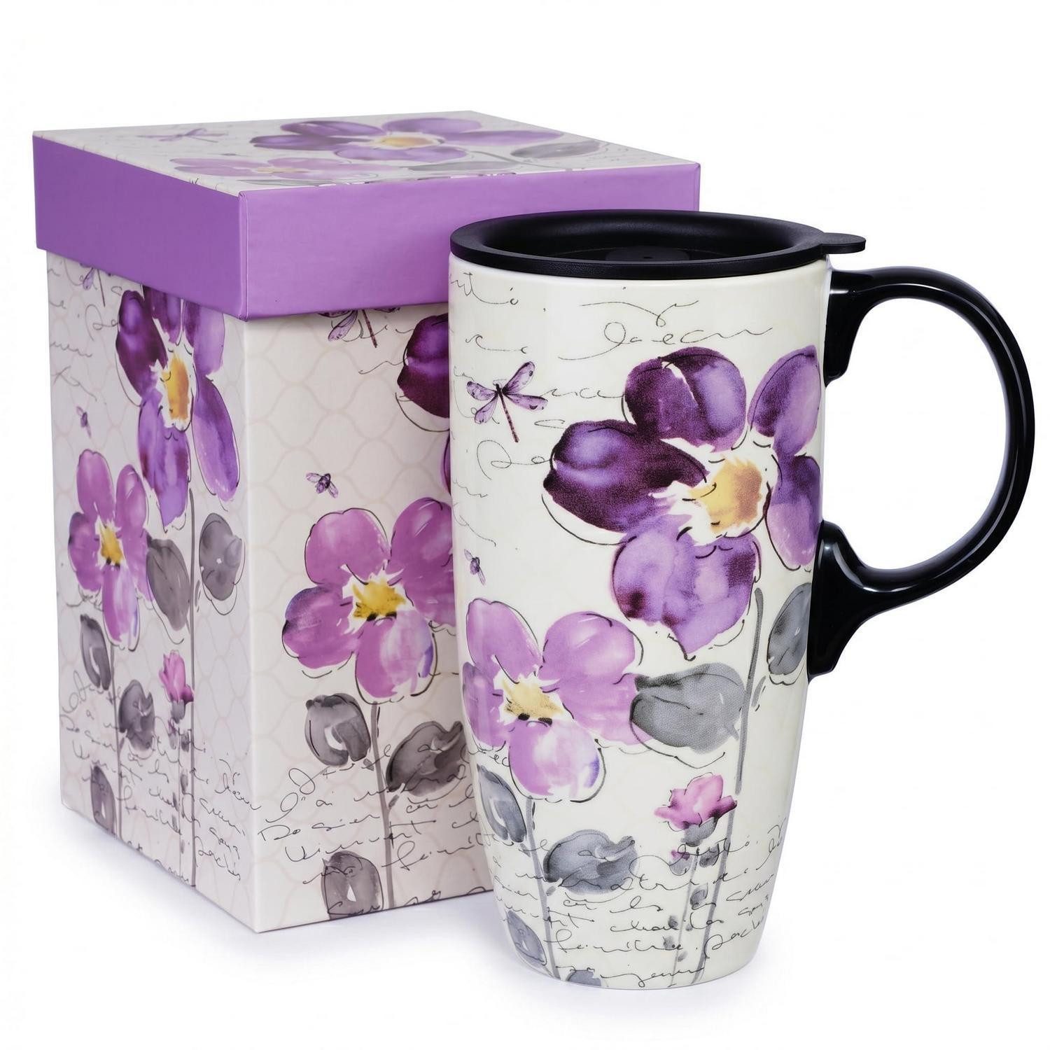 LuxusKollektion Tasse Kaffeebecher 500ml Lila Blumen mit Deckel, Keramik