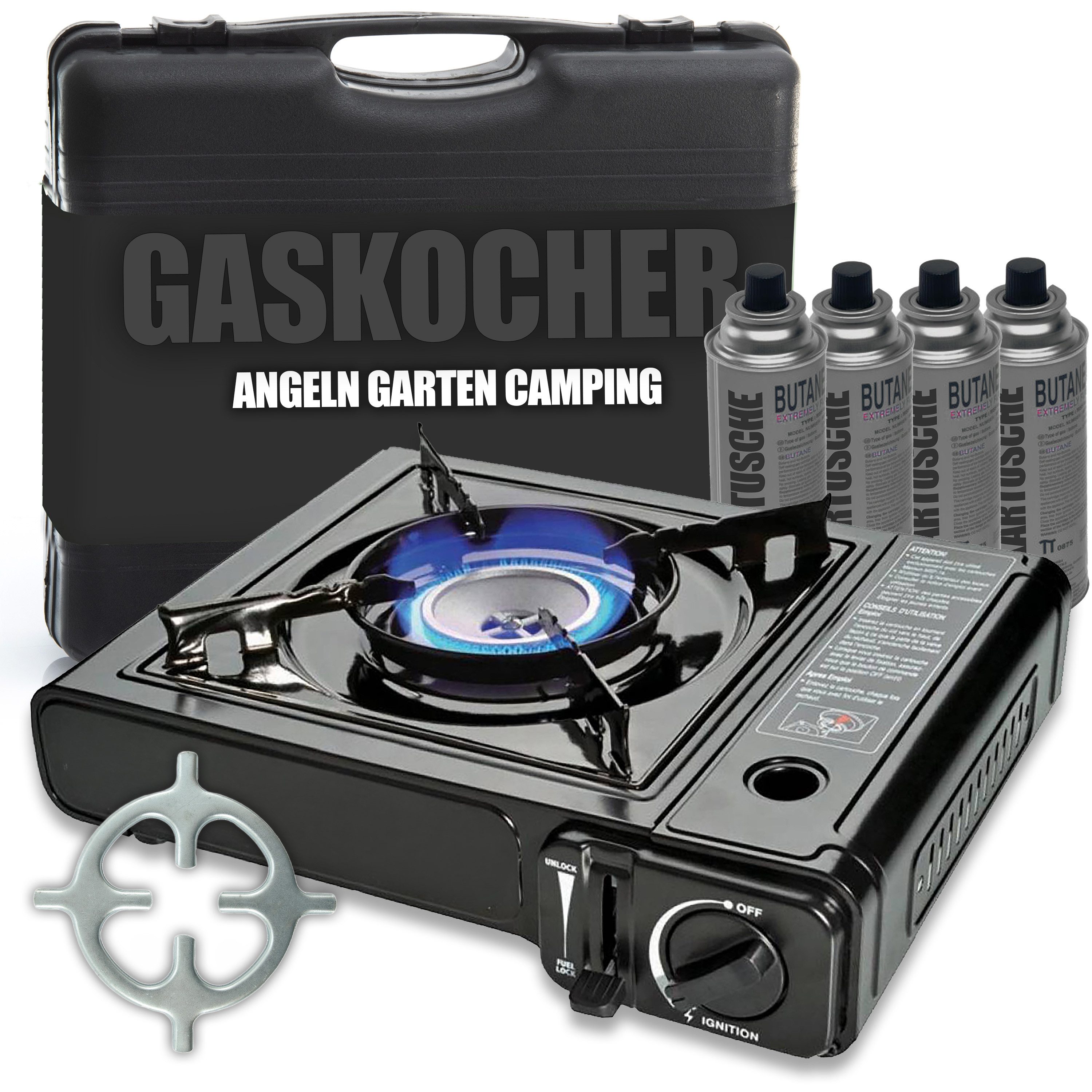 TruWare Gaskocher Campingkocher mit MSF-1A Kartuschen – 1-flammiger Camping Gaskocher, (4, 8 oder 12 Kartuschen, 2,1 kW + Herdkreuz, für Outdoor, Stromausfall & Notfälle)