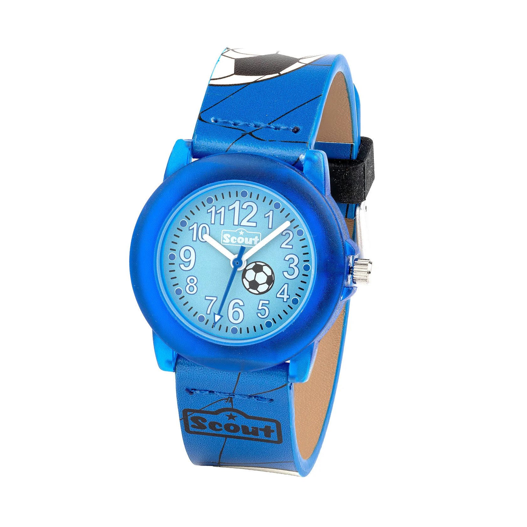 Scout Quarzuhr Crystal Kinderuhr 164000008 Fußball Lernuhr Blau Kunstlederband 30 mm