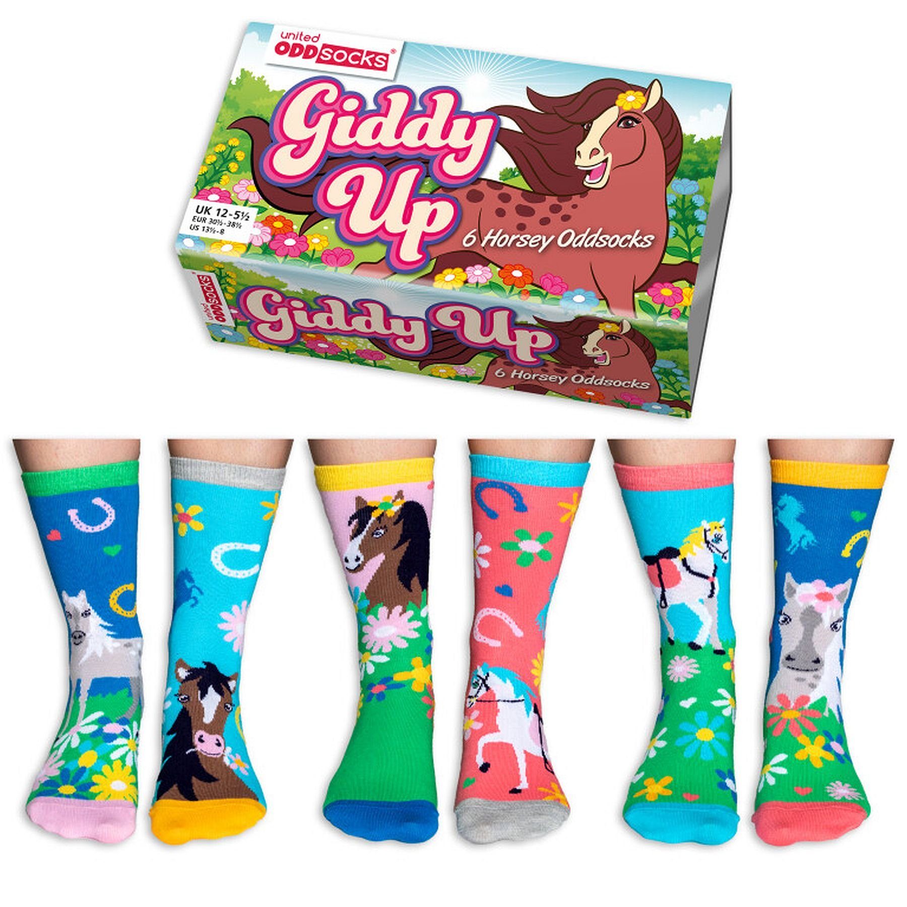 United Oddsocks Socken 3 Paar Socken Strümpfe Kinder Mädchen Gr. 30,5 -  38,5 Giddy Up Pferde, Oddsocks - Giddy up - Pferdemotiv - Socken im 6er Set  - Größe: 30,5 - 38,5