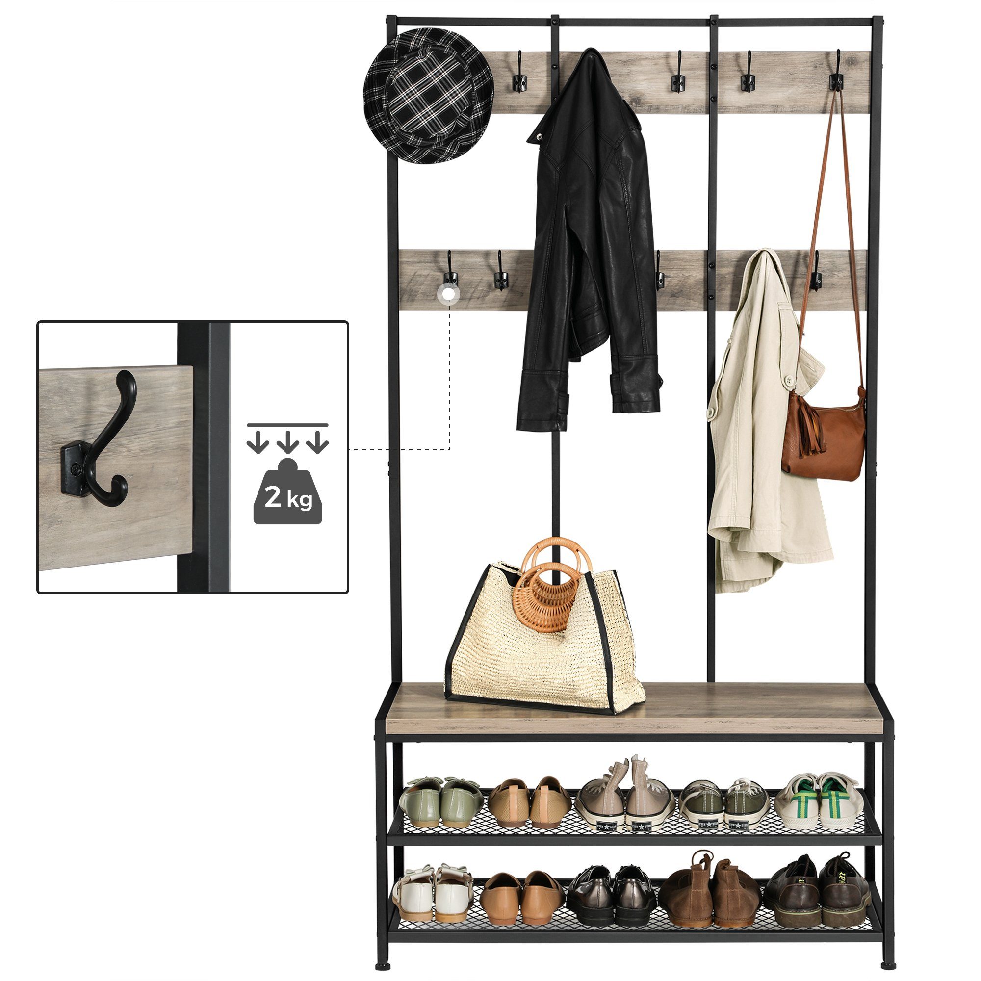 VASAGLE Garderobenständer Garderobe, mit und Greige-Schwarz Kleiderhaken Schuhregal 12