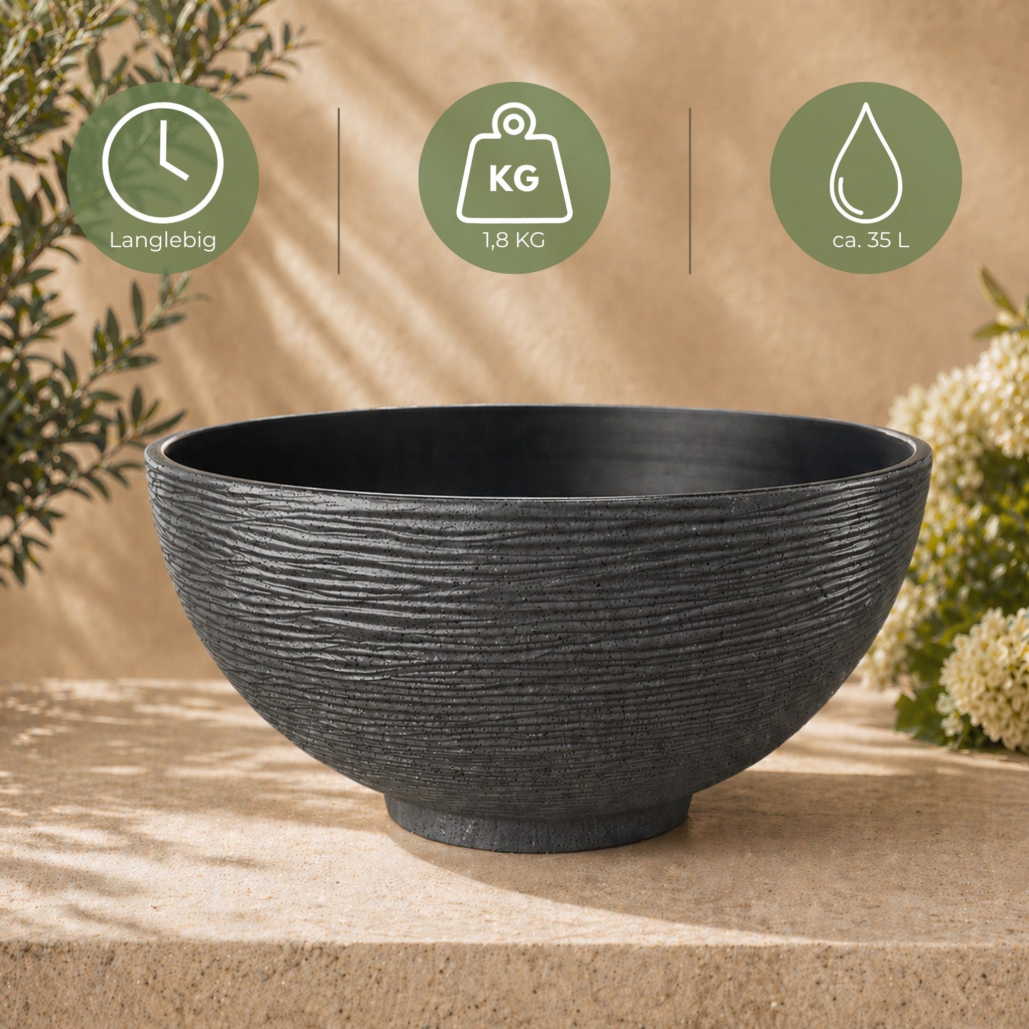 matches21 HOME & HOBBY Wasserspiel Solar Brunnen Set inkl. Akku - 45 cm Schale in anthrazit, (2 tlg), Solar Springbrunnen und Brunnenschale als Gartendeko