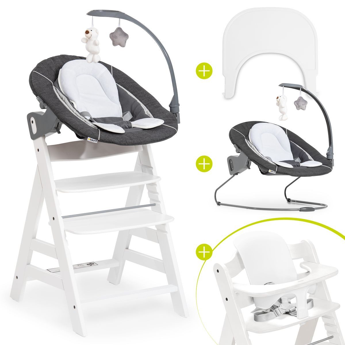 Hauck Hochstuhl Alpha Plus Newborn Set Deluxe - White, Holz Babystuhl ab Geburt mit Neugeborenenaufsatz, Essbrett & Baby Seat