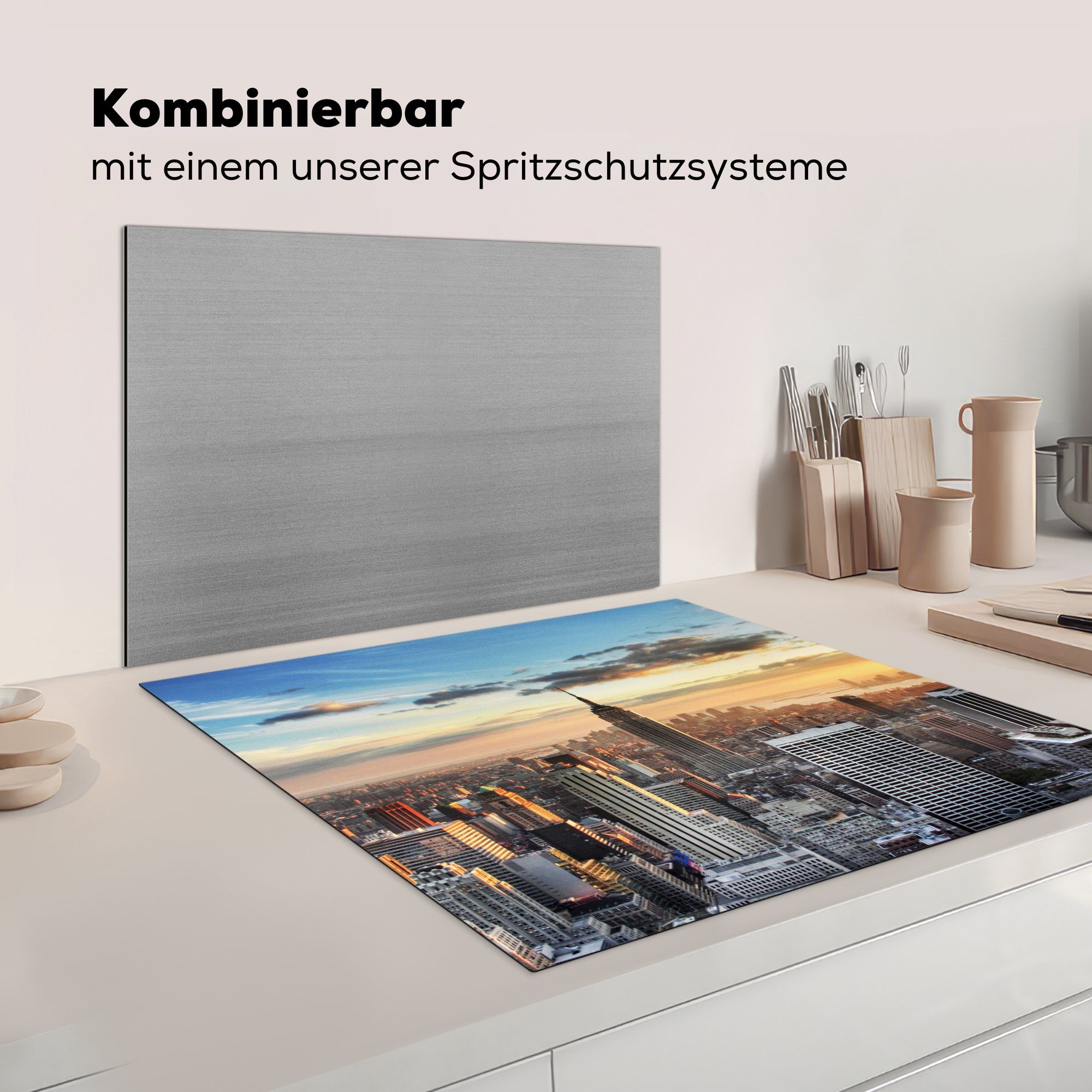 Herdblende-/Abdeckplatte State für New 78x78 Arbeitsplatte tlg), küche Vinyl, cm, Amerika Ceranfeldabdeckung, - Building, (1 MuchoWow York Empire -