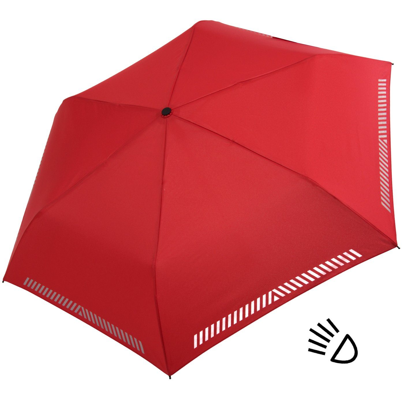 iX-brella Taschenregenschirm Kinderschirm mit Auf-Zu-Automatik, Reflex-Streifen rot durch reflektierend, Sicherheit 