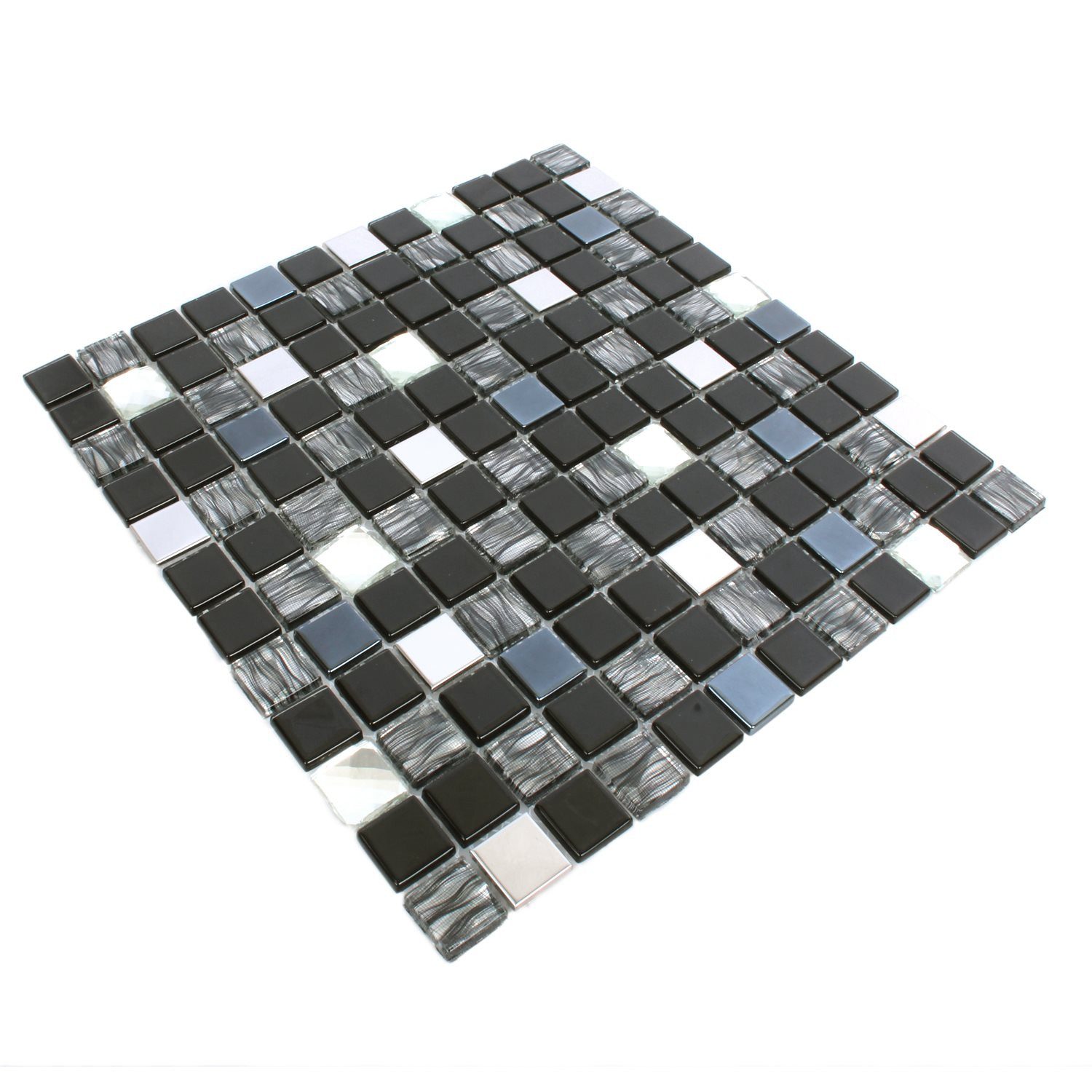 Mosafil Mosaikfliesen Mosaikfliesen Malaya Schwarz Silber Quadrat, Glas-Edelstahl 30.000x30.000, schwarz-grau-silber, Verlegefertig auf ein Netz geklebt - Wasserfest