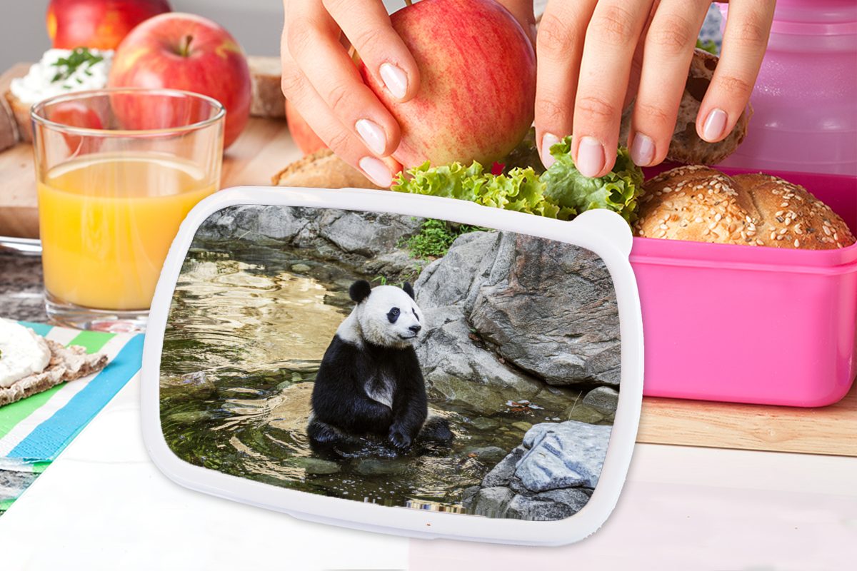 MuchoWow Fluss Kunststoff, Kunststoff (2-tlg), Kinder, Mädchen, Stein, Snackbox, - für Brotbox Panda - Brotdose rosa Lunchbox Erwachsene,