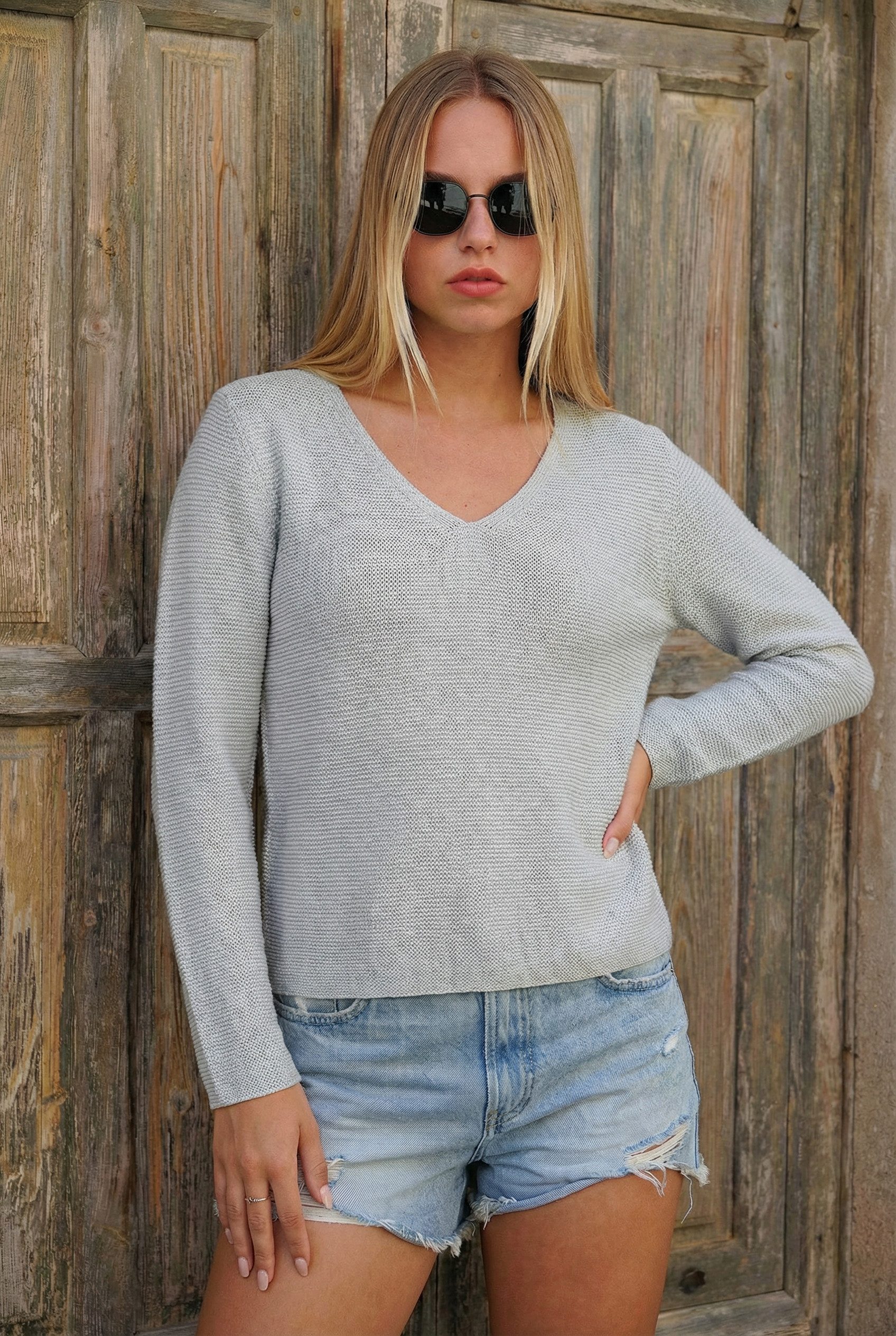 six-o-seven Strickpullover Damen V-Ausschnitt Pullover mit Lurex Grau, schimmernder Fashion Look