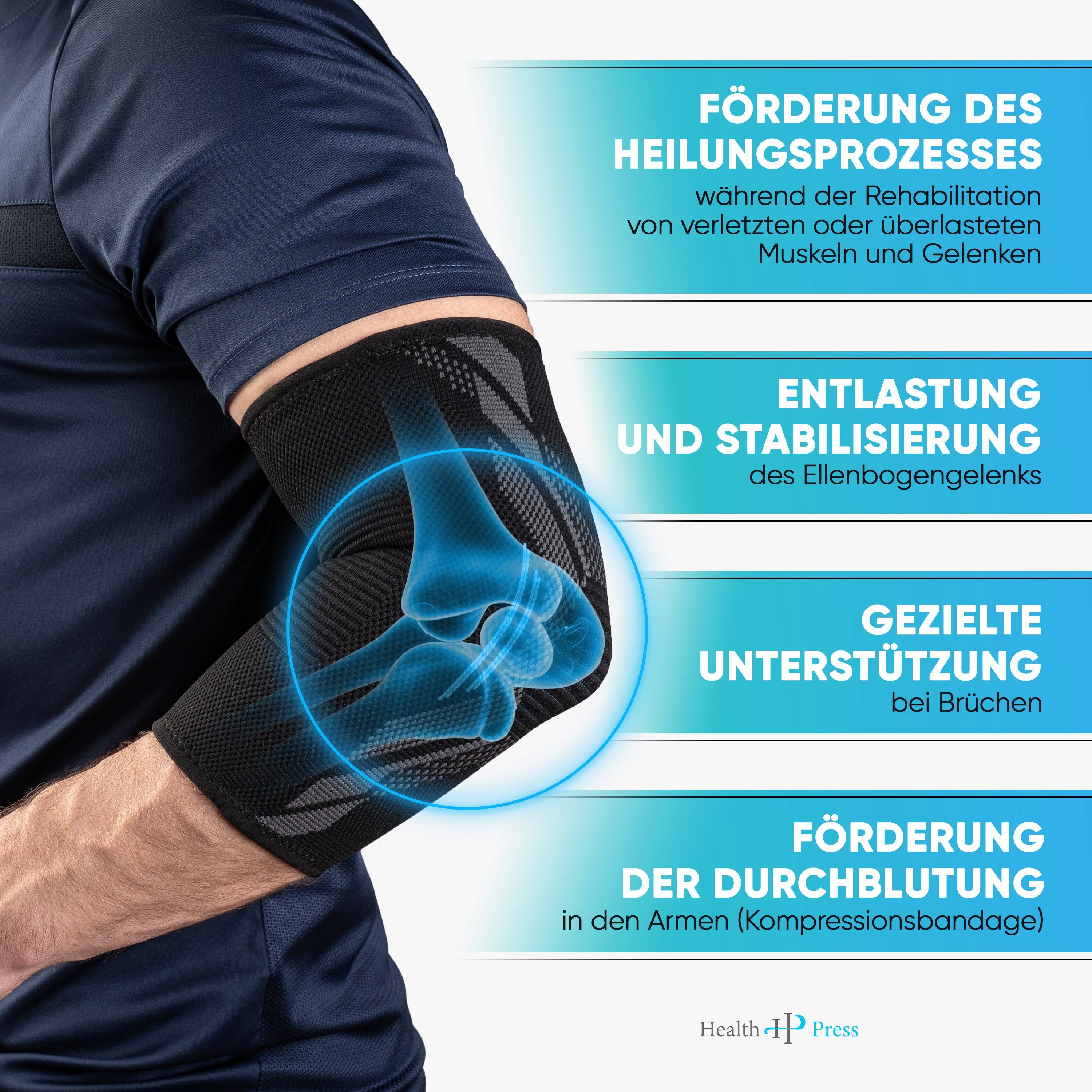 Health Press Ellenbogenbandage Ellenbogenstütze (1er Set), Dermatologisch getestet
