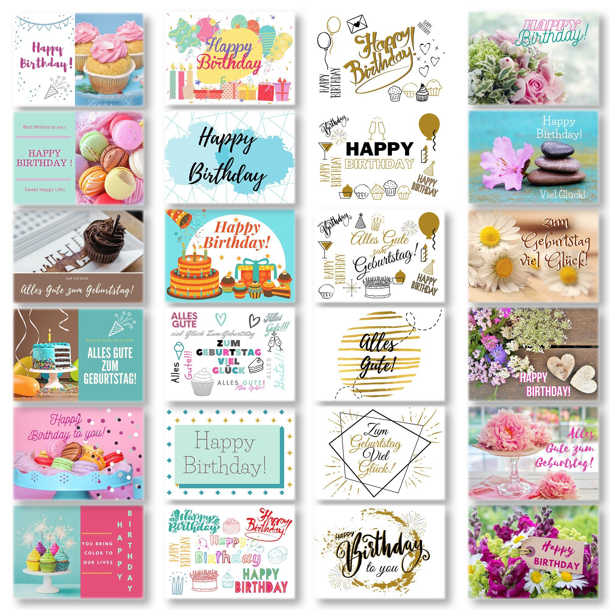 Domelo Geburtstagskarte 24er Set Geburtstagskarten mit Umschlag Happy Birthday Postkarten