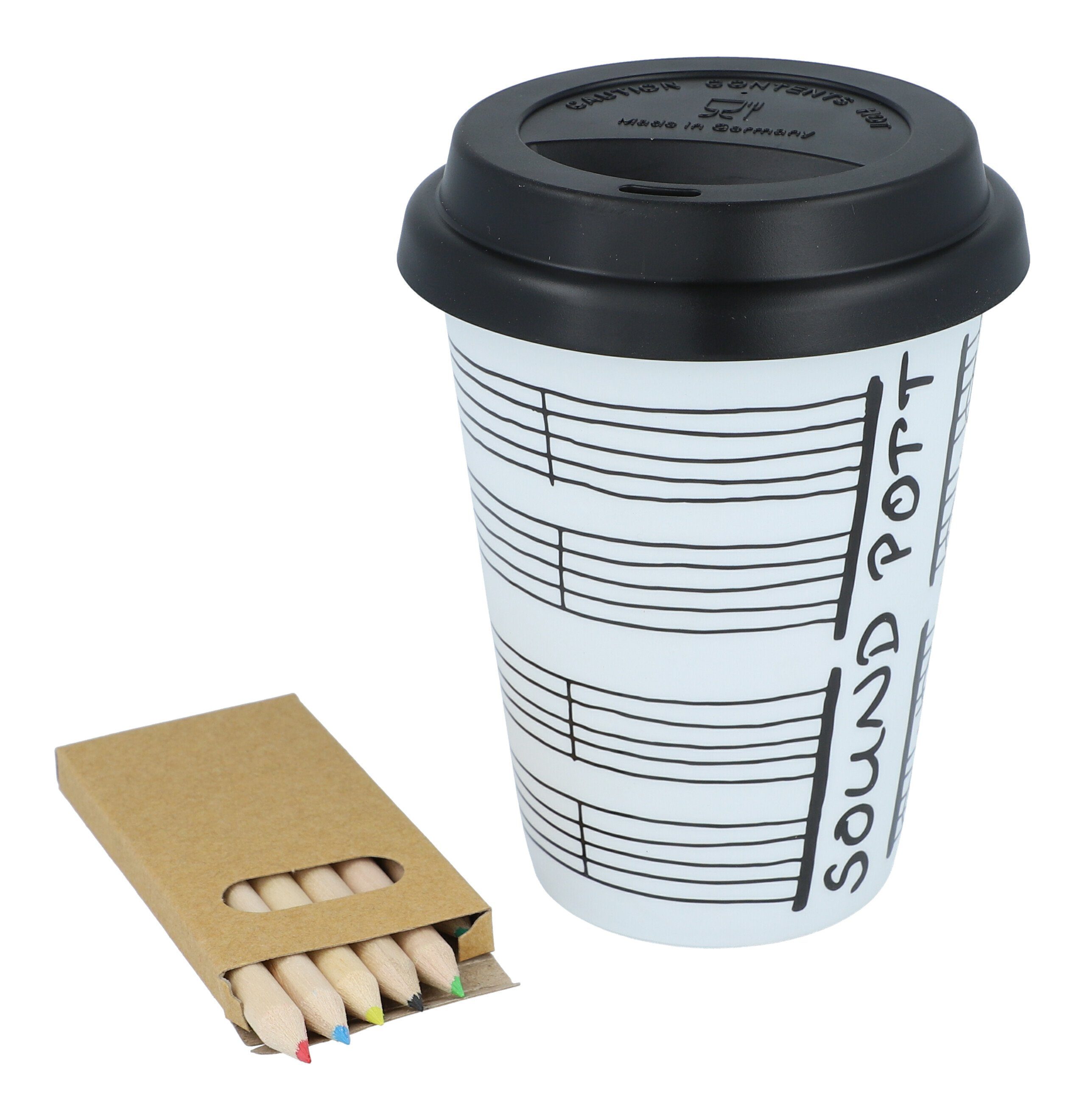 Könitz Coffee-to-go-Becher, Porzellan, Sound Pott mit Notenzeilen zum selbst bemalen und Buntstiften