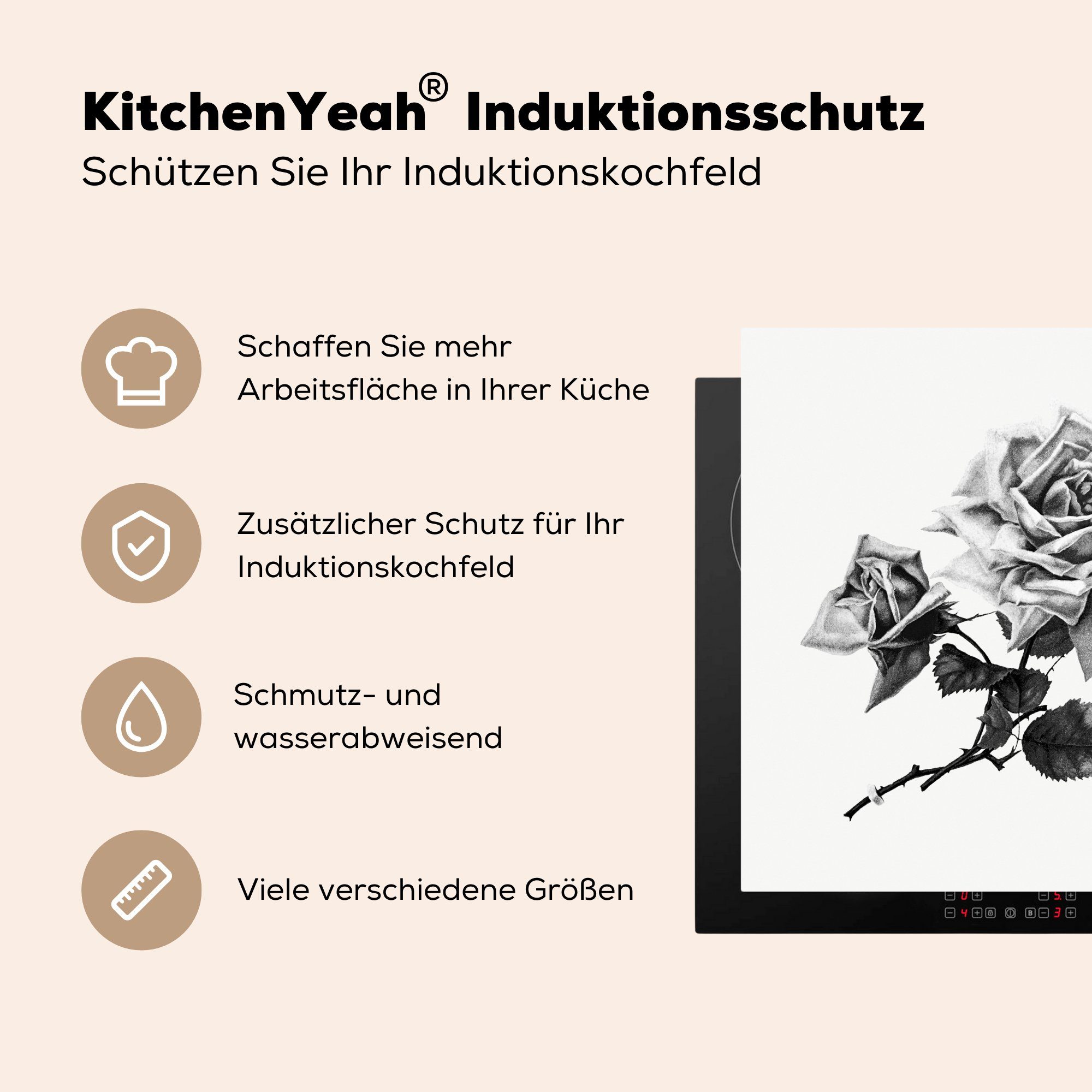 MuchoWow Herdblende-/Abdeckplatte Vinyl, tlg), - küche Ceranfeldabdeckung, Rosen Arbeitsplatte (1 Vintage Blumen, 78x78 - für cm