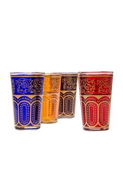 Marrakesch Orient & Mediterran Interior Teeglas Orientalische verzierte Teegläser Set 6 Gläser Laylana bunt Gold, Marokkanische Tee Gläser 6 Farben Deko orientalisch, 6 x Orientalisches Marokkanisches Teeglas verziert, verschiedene Muster, Handarbeit