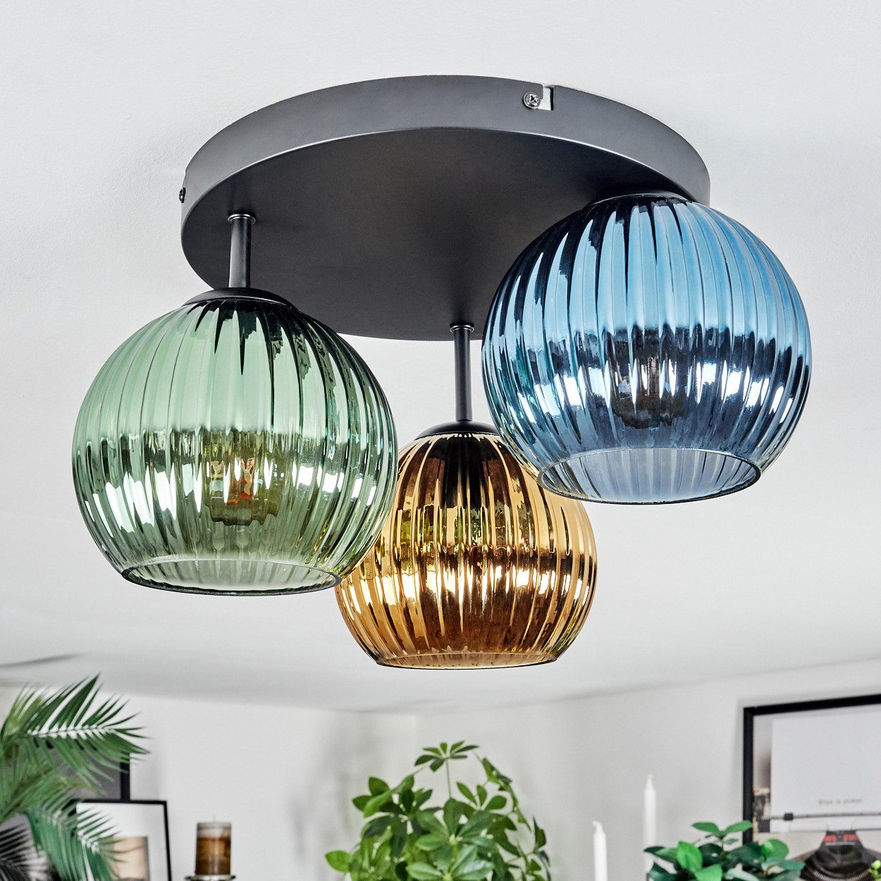 hofstein Deckenleuchte Deckenlampe aus Metall/Riffelglas in Schwarz/Blau/Grün/Goldfarben, ohne Leuchtmittel, Deckenleuchte im Retro/Vintage-Design (Schirme Ø 15 cm), 3 x E14