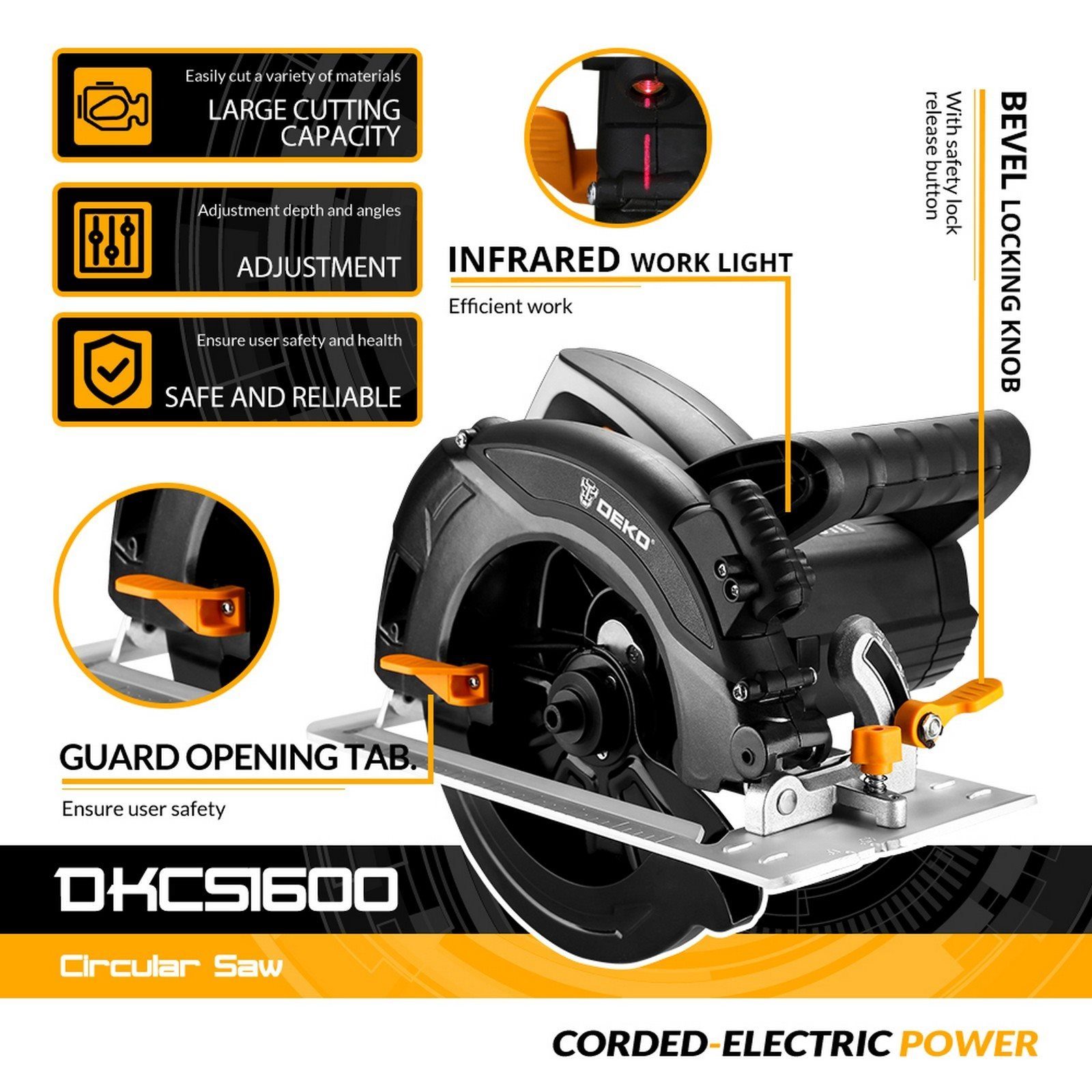 DEKO Handkreissäge DEKO Einsatzmöglichkeiten 1600-W-Motor DKT-DKCS1600, - mit einstellbare und 5000-U/min., vielseitige Laser, Handkreissäge