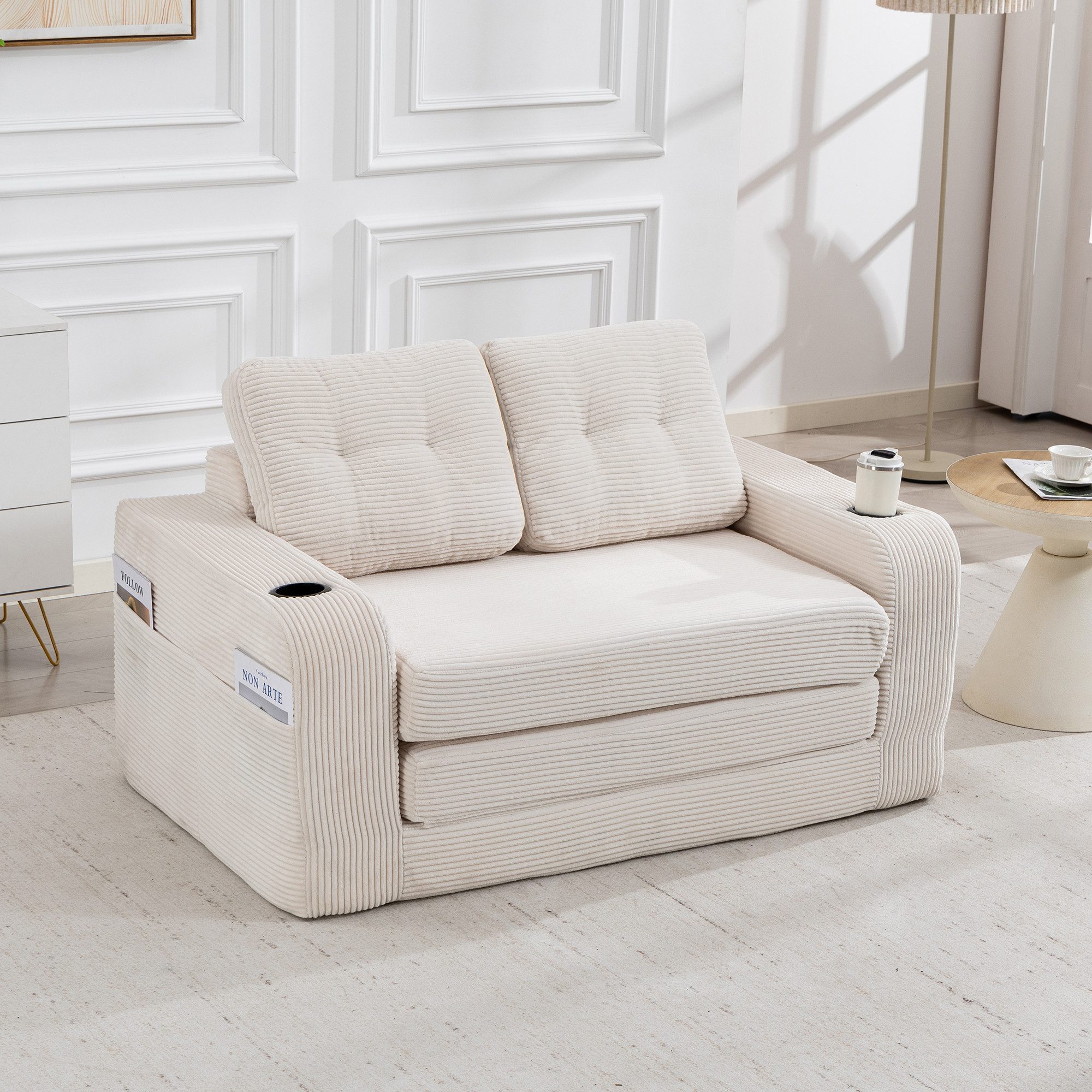 MODFU Sofa Rahmenloses Zweisitzer-Loungesofa aus Cordstoff mit Seitentaschen, Getränkehaltern und umbaubarem Sitzsack, gestepptes Design für maximalen Komfort