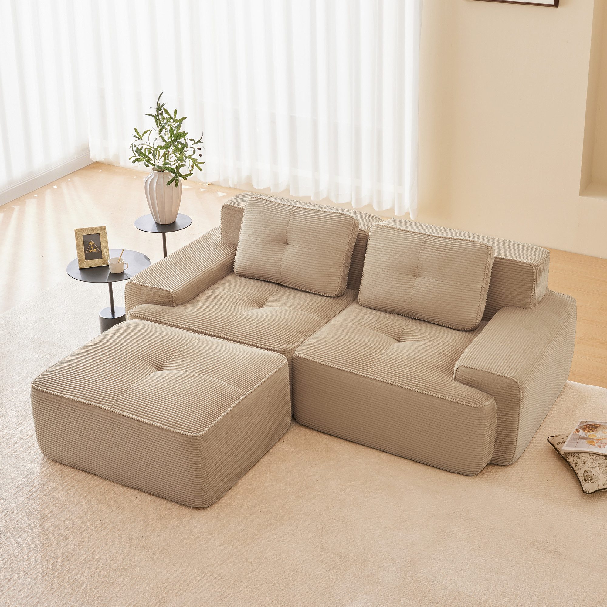 Leawin Sofa Boneless Modulsofa L-förmig Corduroy Tiefsitz mit Ottoman, Modernes Cloud-Sofa mit Tiefsitz, modular & ohne Montage