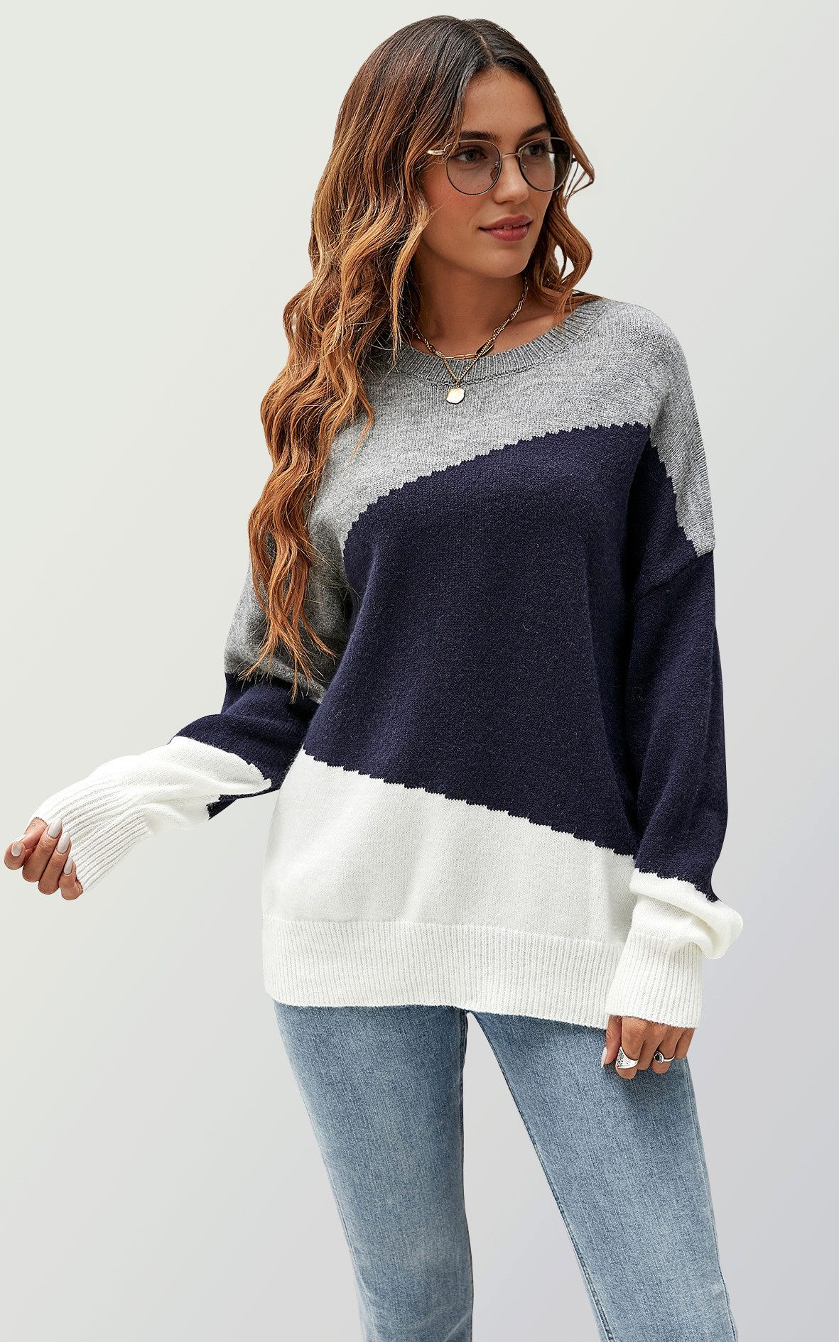 Strickpullover Damen Strickpullover in Blockfarben – Einheitsgröße, Langarm - Onesize