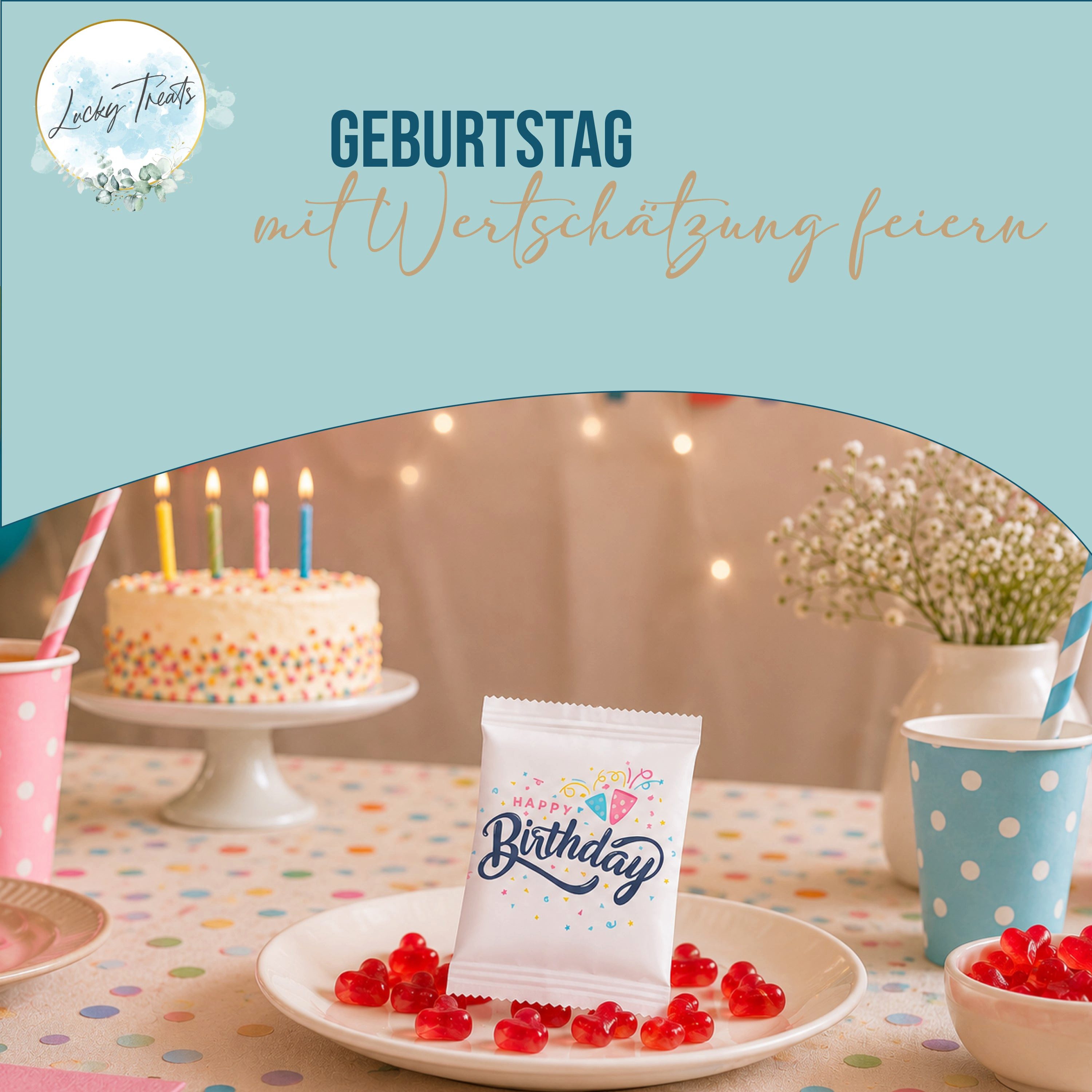 Logbuch-Verlag Geburtstagskarten Fruchtgummi-Päckchen Happy Birthday – Mini-Herzen als Gastgeschenk