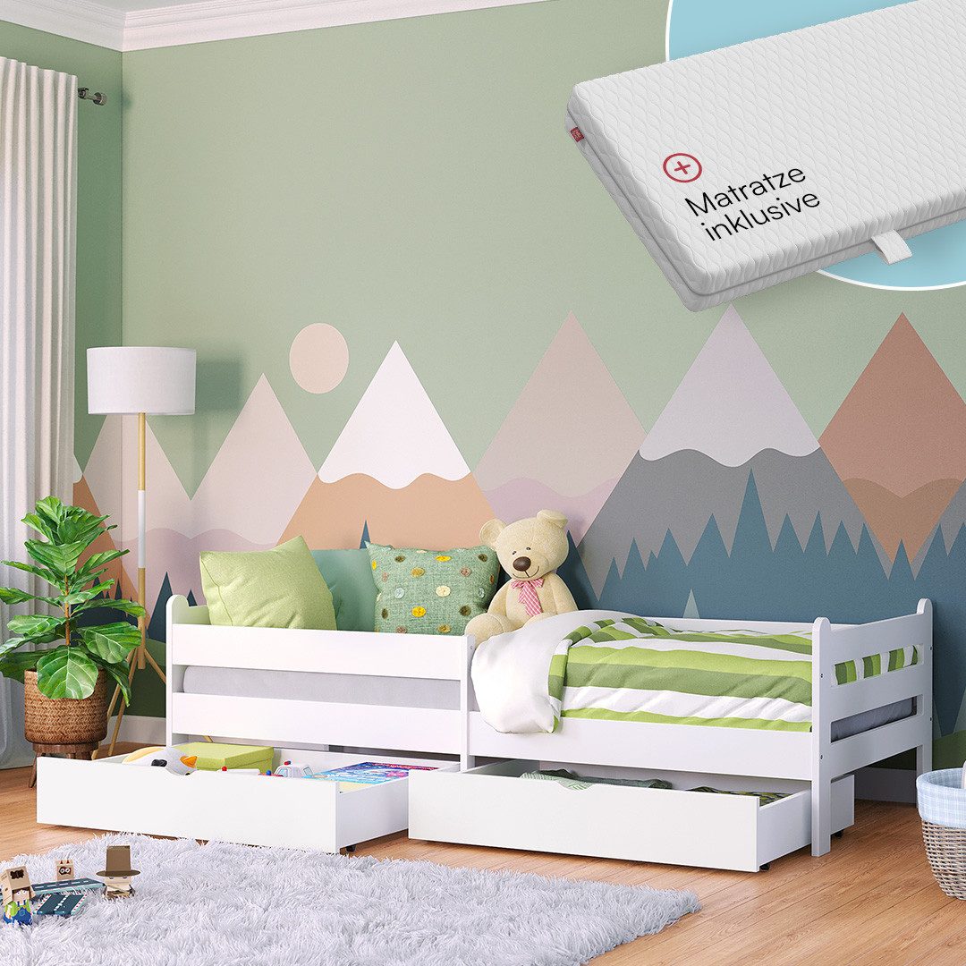 Bellabino Kinderbett Kuru 90x200 cm (weiß, integriertes Lattenrost und Raus günstig online kaufen