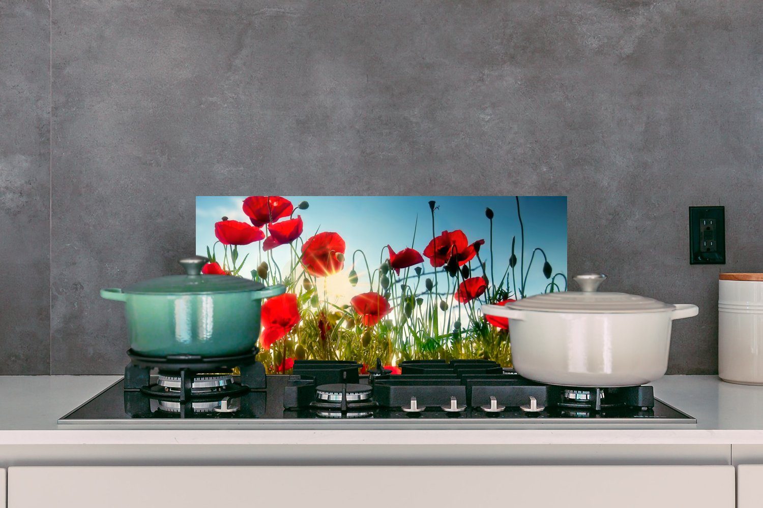 Wandschutz, - für - cm, Küchen Blau, Schmutzflecken 60x30 Küchenrückwand - und Toskana gegen Sonne Fett (1-tlg), Rot Mohnblumen - MuchoWow